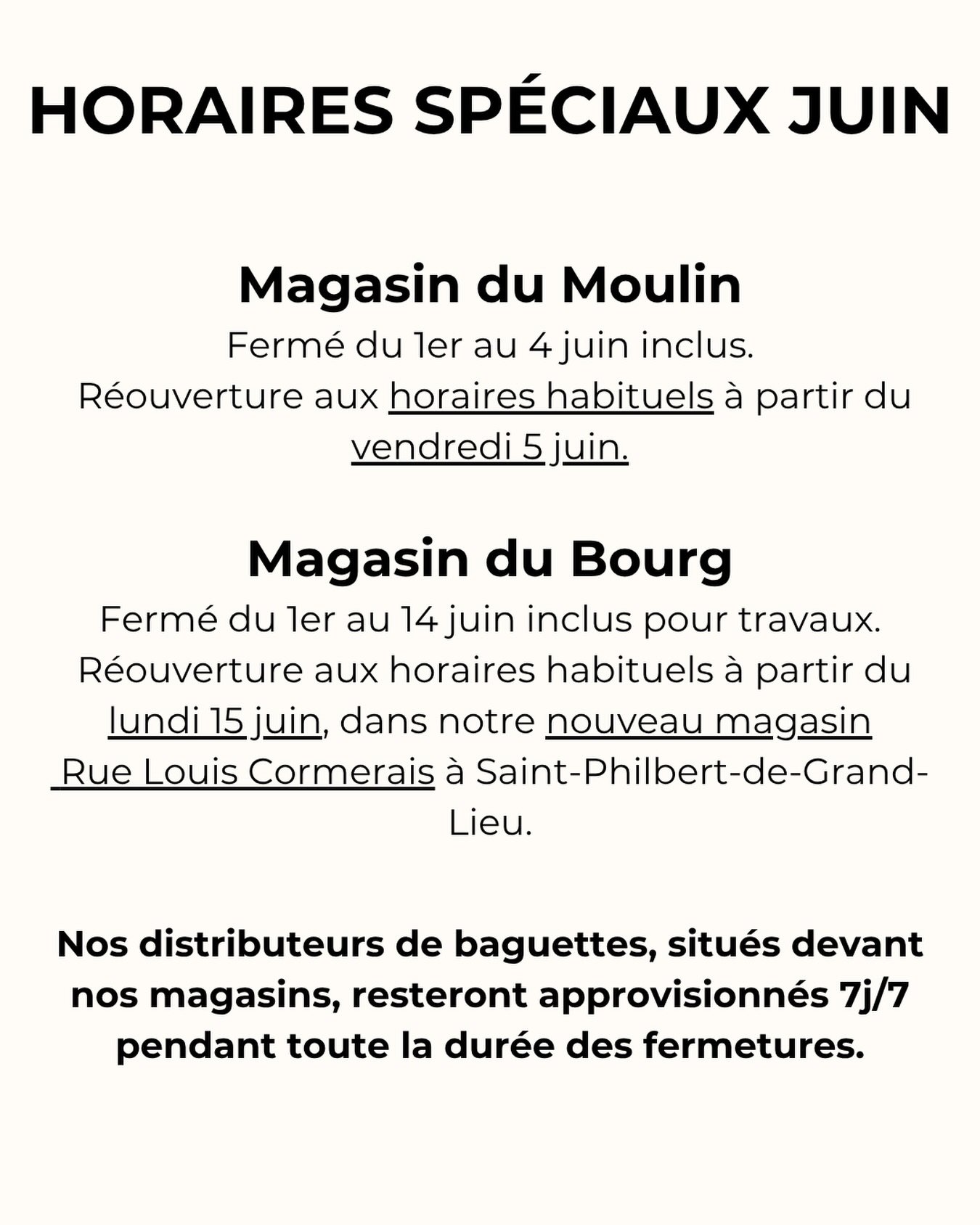 ⚠️ Fermetures exceptionnelles Juin ⚠️