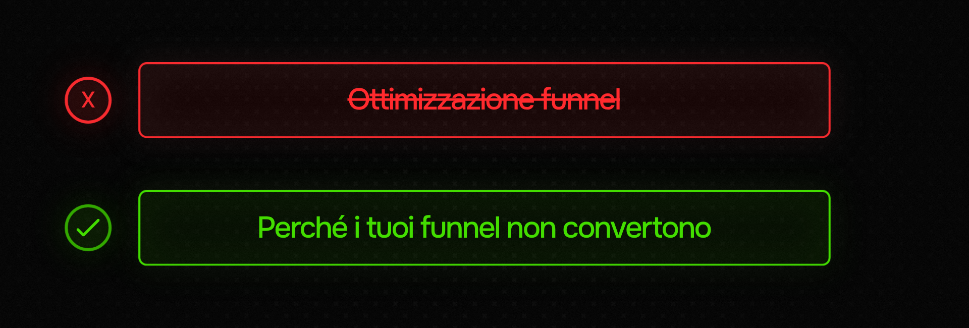 Confronto titoli: ❌ "Ottimizzazione funnel" (box rosso) vs ✅ "Perché i tuoi funnel non convertono" (box verde) — esempio di titolo sbagliato contro titolo orientato al problema.