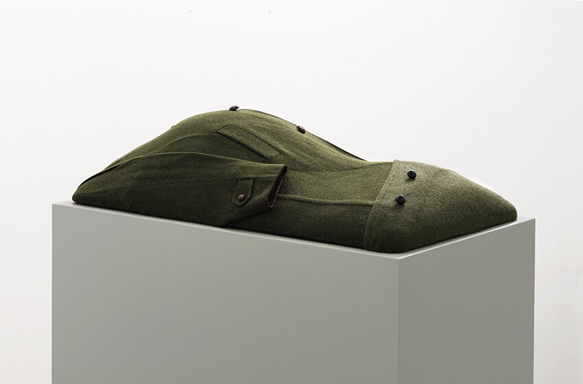 Human Landscape No. 3, 2018.
Polystyrene, plaster, cotton fabric, glue, loden coat, 102 x 68 x 23 cm.