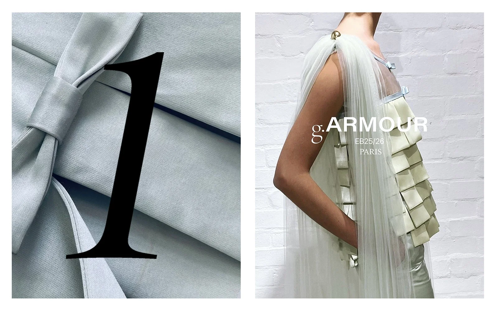 Close-up of a white fabric tied in a knot with a large black number 1 overlaid. On the right, a person wearing a modern, high-fashion dress with layered and pleated fabric, standing against a white brick wall.