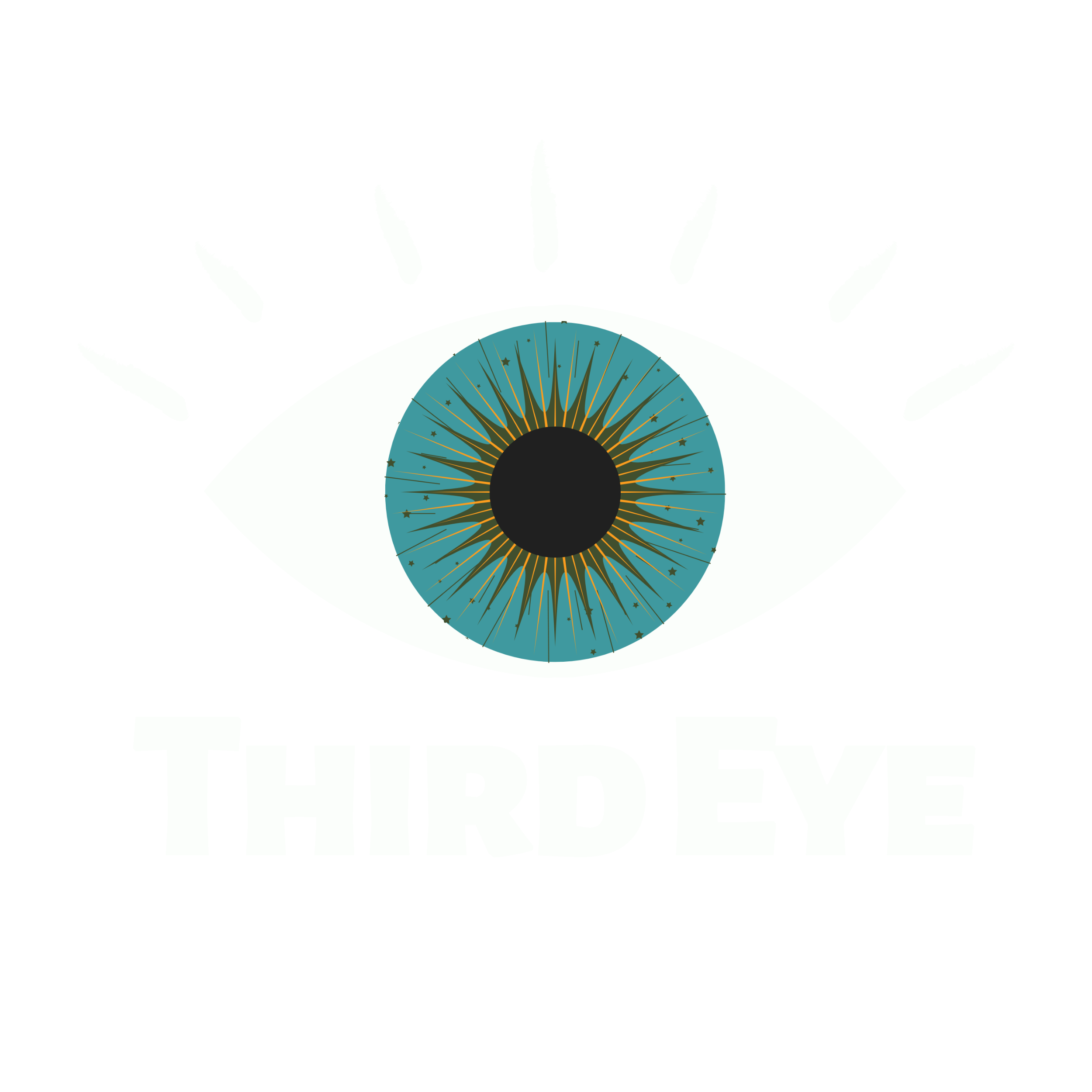 Black background with a white eye illustration featuring a blue iris decorated with golden rays and stars. The eye has an arched line above it representing an eyebrow. Below the eye, the text reads 'THIRD EYE' in bold, white, uppercase letters.