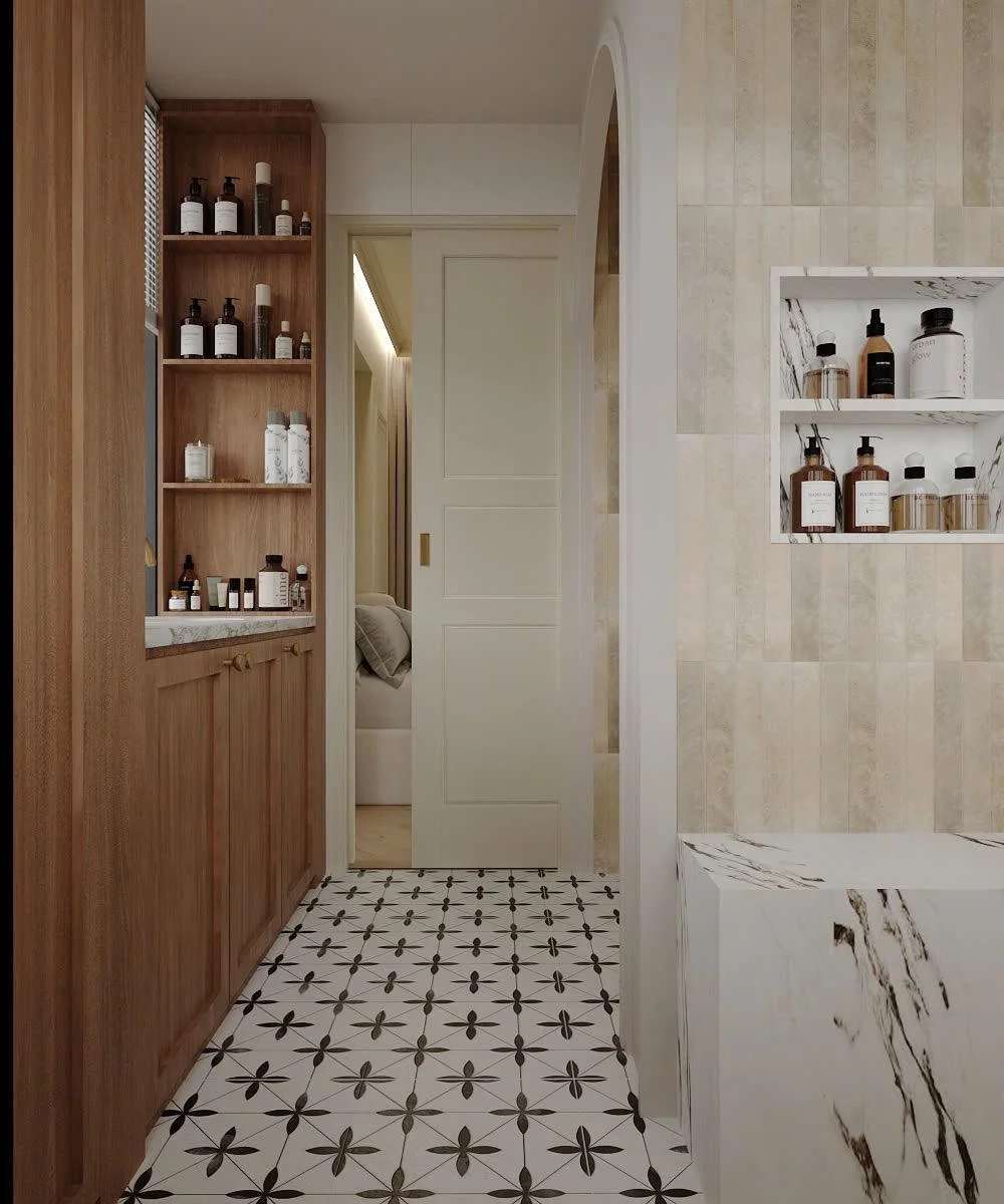 Here's a generously sized bath room after the bathtub is removed. 

Plentiful storage was placed on both sides of the sink since we did not want to build top cabinets that cover the window.

The marble adds a tiny touch of luxury. It all comes togeth