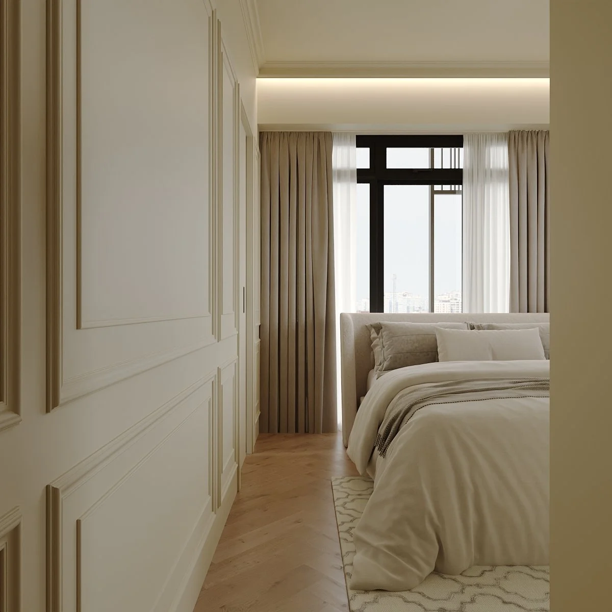 In a bedroom thats essentially shades of taupe, the generous beading, skirting and cornices add enough detail to keep the space soft and interesting.

We like that the walls blends so well with the wardrobes, they are barely distinguishable.