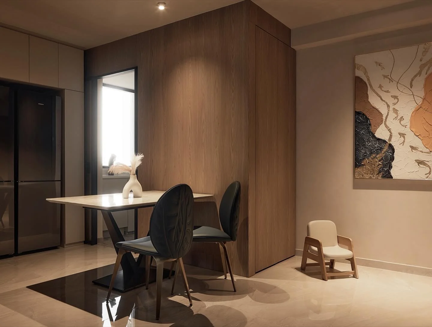 Step into this overhauled space, where lights, mirrors, contrasting colours and laminate textures combine, to make one feel like everything is as it should be 😌

PS: that tiny chair belongs to the cutest, happiest, two year old.