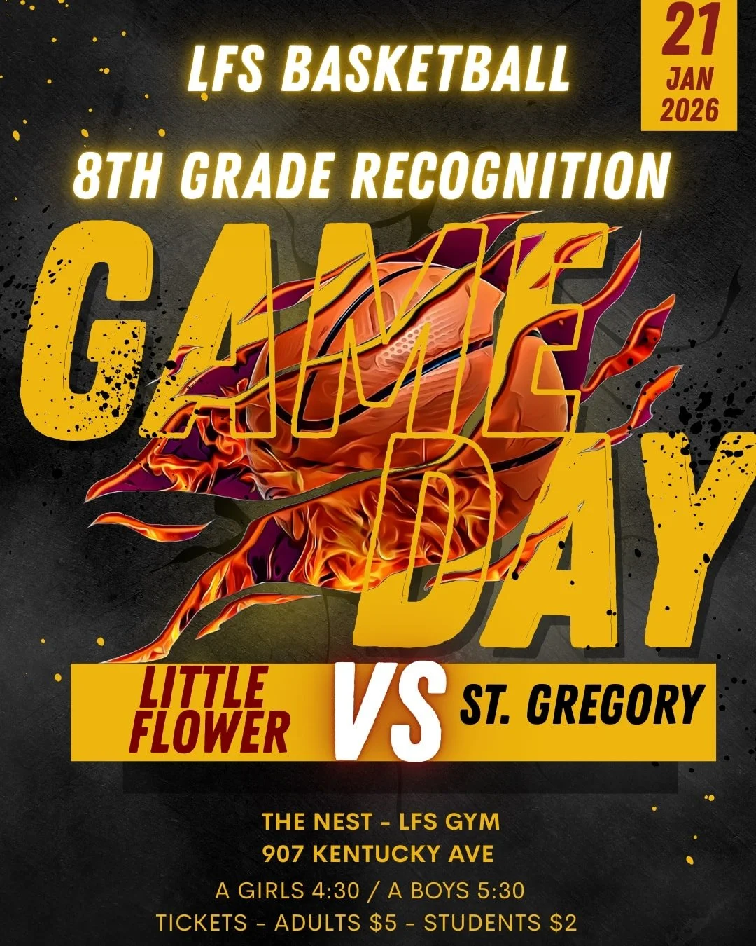 🦅FILL THE NEST!🦅

✨️Join Us Wednesday Jan. 21st for our Mighty Eagles last home game of the season! We will celebrate our teams &amp; honor our 8th Graders for an amazing season.

A Girls: 4:30p
A Boys: 5:30p