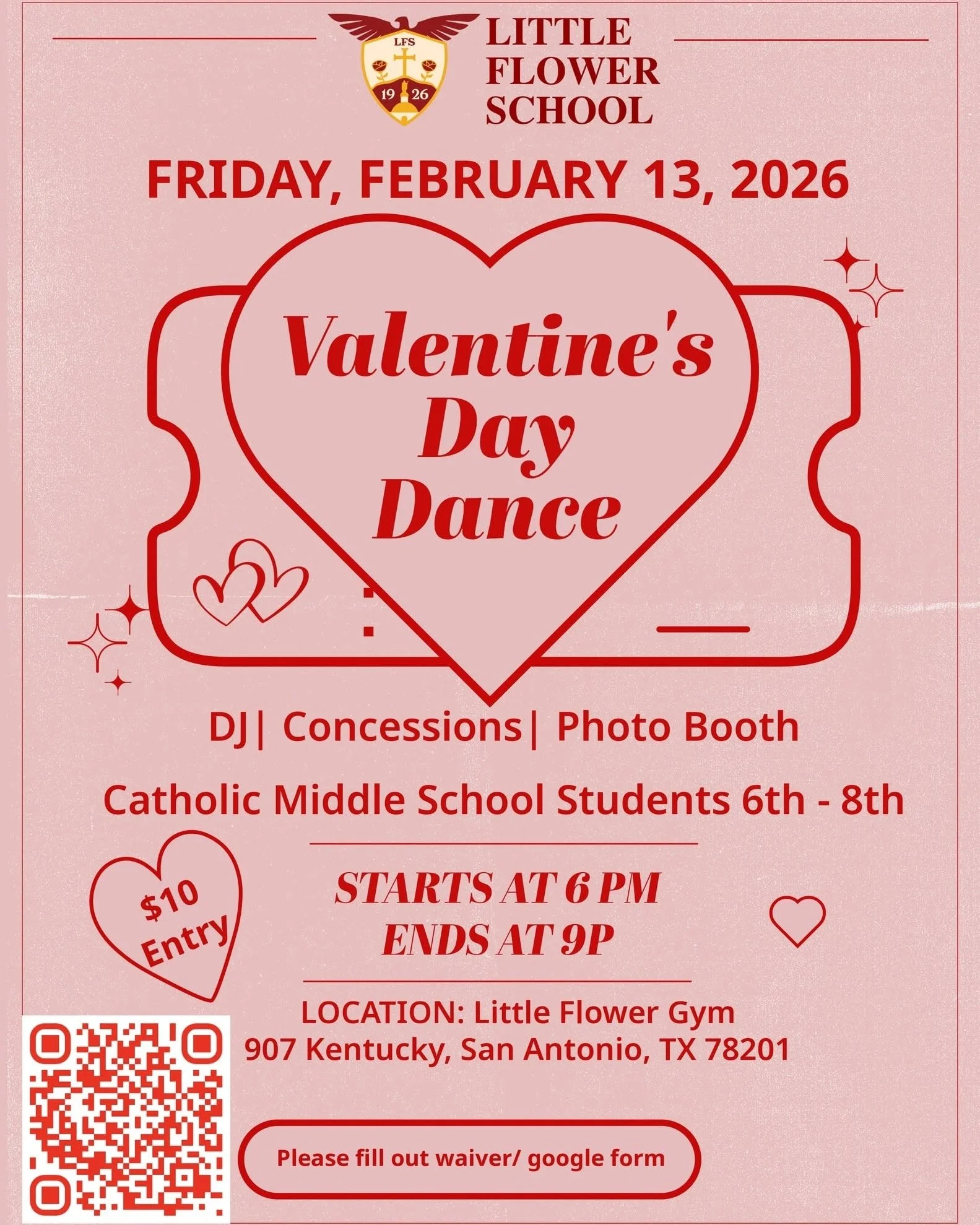 🦅❤️WE'RE A WEEK AWAY! 

✨ LFS Middle School Valentine's Dance✨

✨$10 Entrance Fee - Concessions, DJ, Photo Booth and lots of fun!

Parents/ Guardians please fill out the form to  sign the permission waiver.  ONLINE REGISTRATION WILL CLOSE FEB. 13 AT