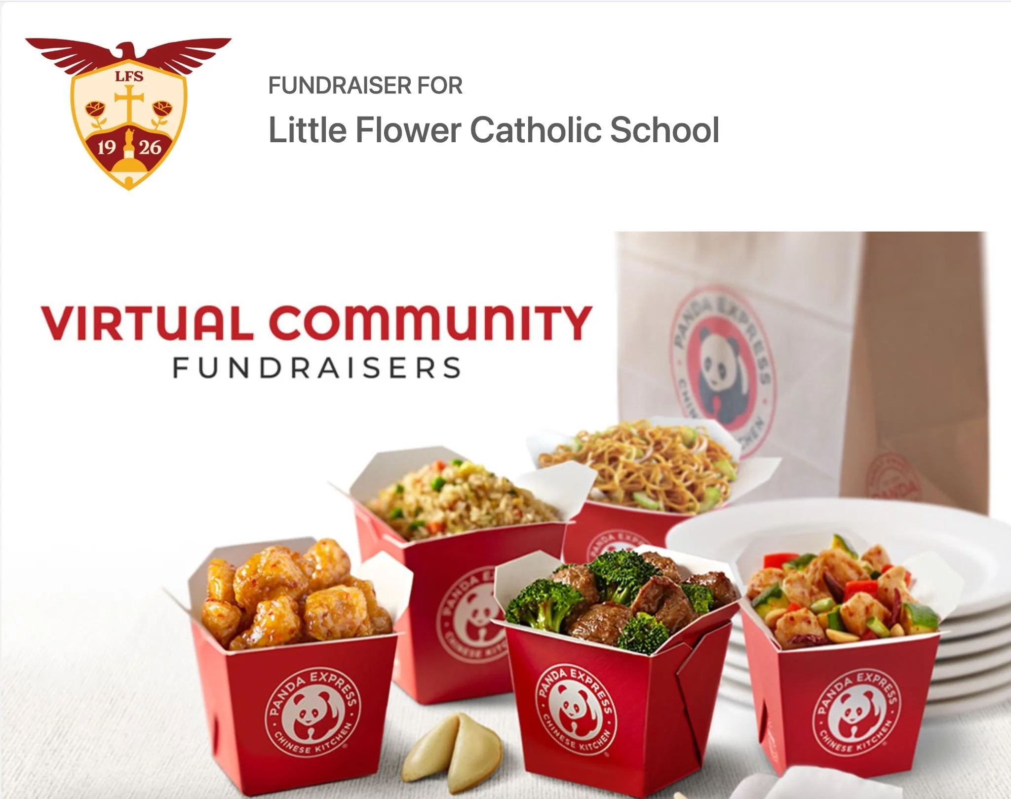 🦅Join Little Flower's Panda Express Fundraiser Friday, Feb. 27th for some yummy Chinese food. 

✨Order in-store or online NATIONWIDE and use our code 9012552 at checkout to ensure your donation makes it's way to LFS- share far and wide and let's get