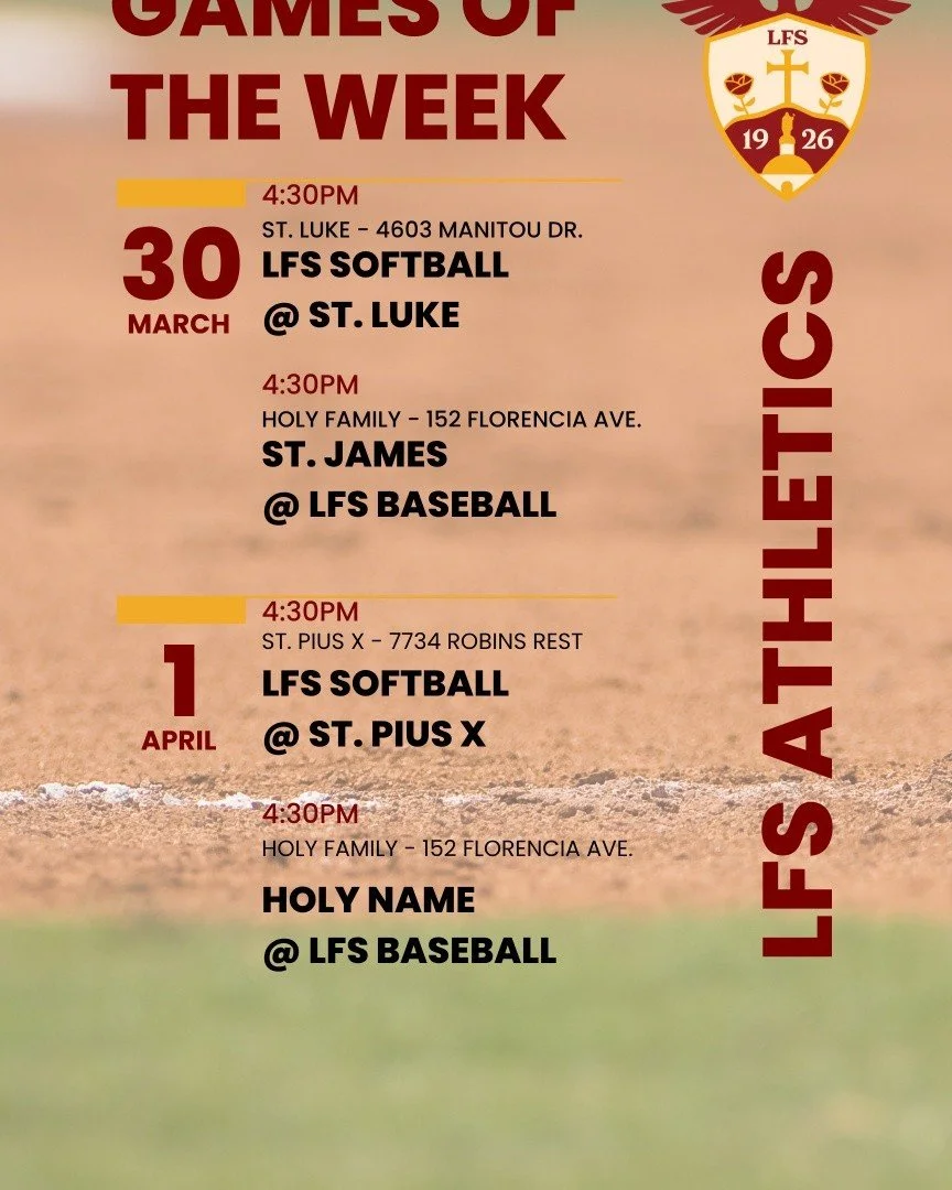 🦅Another action packed week for our Eagles, come out and support our Baseball &amp; Softball Teams!

⚾️ Baseball- Wed. 4/1 at 4:30p Holy Family

🥎Softball- Wed. 4/1 at 4:30p St. Plus X