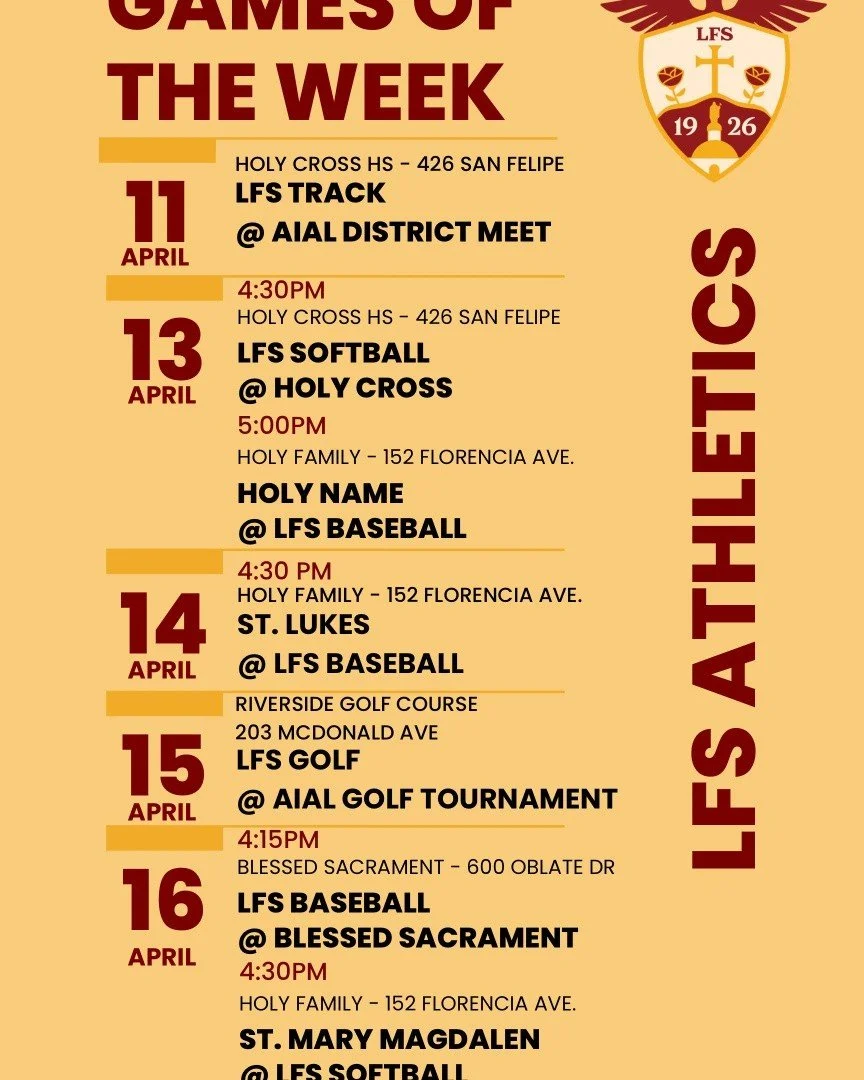 🦅 LFS Athletics isn't do e yet! Our Mighty Eagles have a full week ahead!

Come out and support, Let's Go Eagles!

*LFS home field are located at Holy Family, all door and concession proceeds collected at these games benefit LFS Athletics*