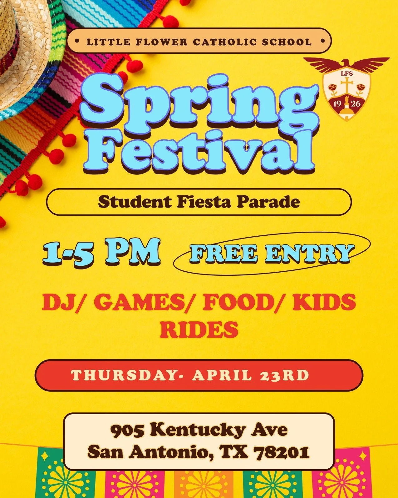 Join us Thursday April 23rd for our 🦅LFS Spring Festival - Food, Games and Family Fun!

Fiesta foods without the lines, a dunk tank and games for the everyone!

Come get your: 🐔 Chicken on a Stick 🍔 Hamburgers
🌮 Fajita Tacos 🍭Paletas and More!