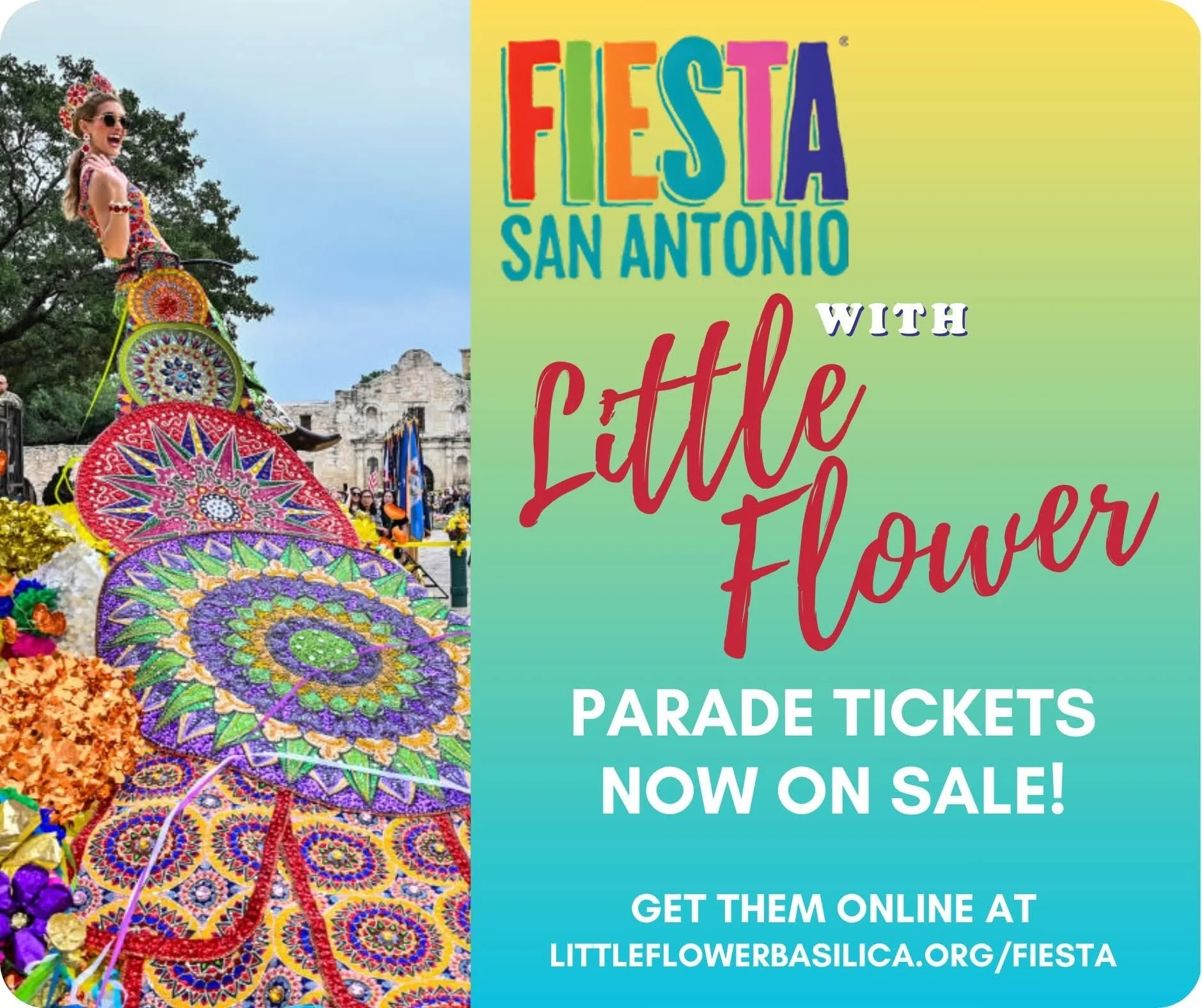 Time is running out to get your Fiesta Parade tickets thru @littleflowerbasilica 

Battle of Flowers and Fiesta Flambeau available!

For seat location and price info, visit littleflowerbasilica.org/fiesta