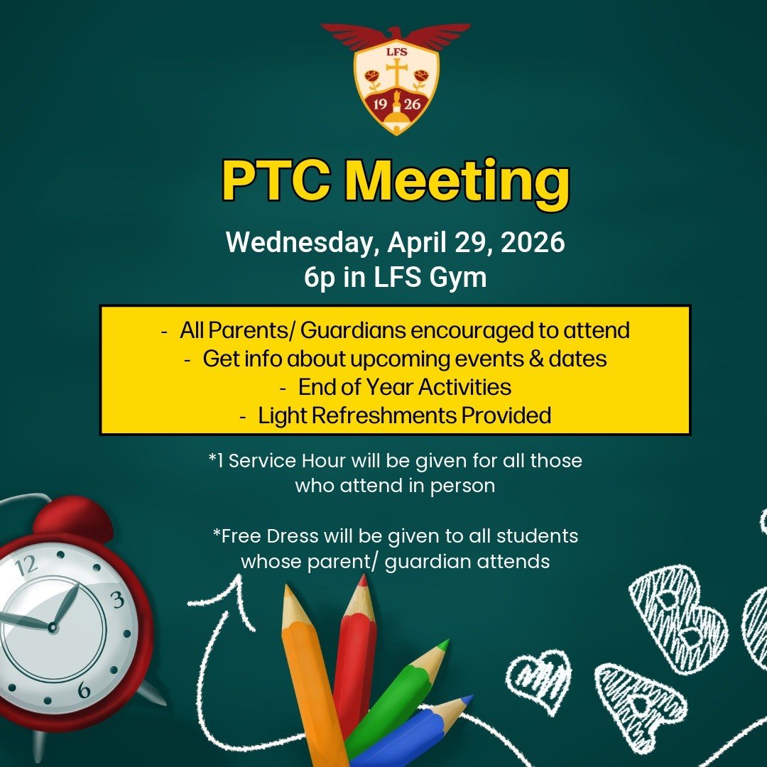 🗓 Mark your calendars LFS Parents/ Guardians - for our next LFS PTC Meeting.

When: WED. APRIL 29TH at 6P
Where: LFS GYM

🦅We hope to see you there!