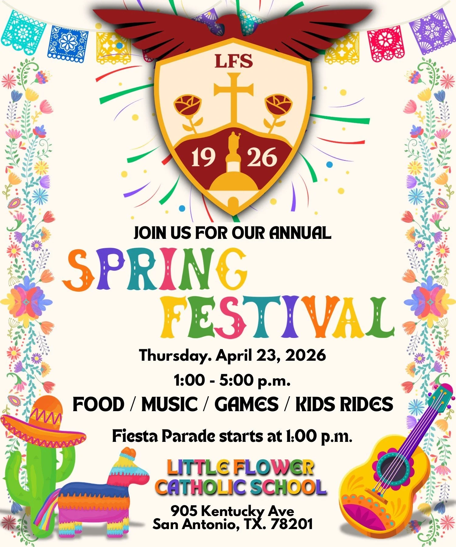 🎊Today's the Day! Come out and enjoy the beautiful weather and Fiesta foods without the lines!

1p Kicks off the students parade
🌮 Fajita Taco
🍔Hamburgers 
🐔 Chicken on a Stick
Dunk Tank
Games and more!
