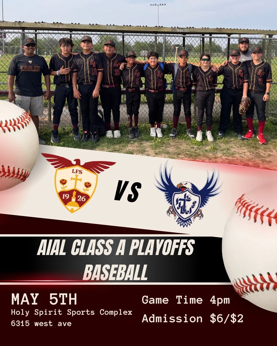 ⚾️🦅We are pleased to announce that your LFS Eagles baseball team have made the playoffs! 

📍They will take on St. John Bosco this Tuesday May 5th at 4pm at Holy Spirit Sports Complex next to Antonian HS.

Come out and support your Eagles and Let&rs