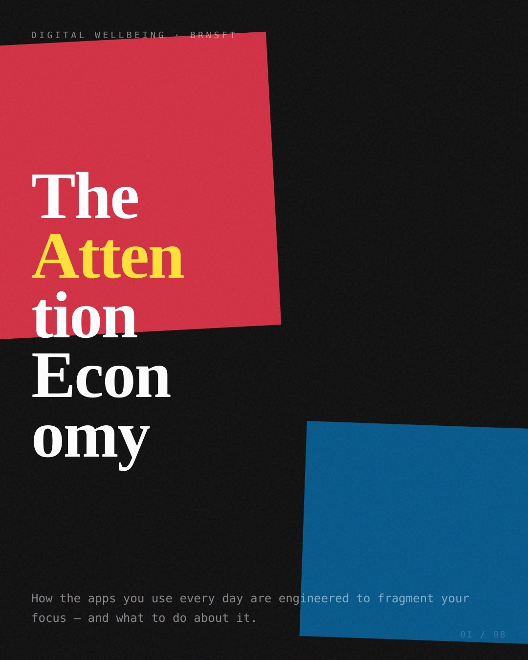 Your attention is the product.

Every infinite scroll, every notification, every like and reply &mdash; these are not features. They are mechanisms. Engineered by people who understand dopamine and variable reward schedules better than most psycholog