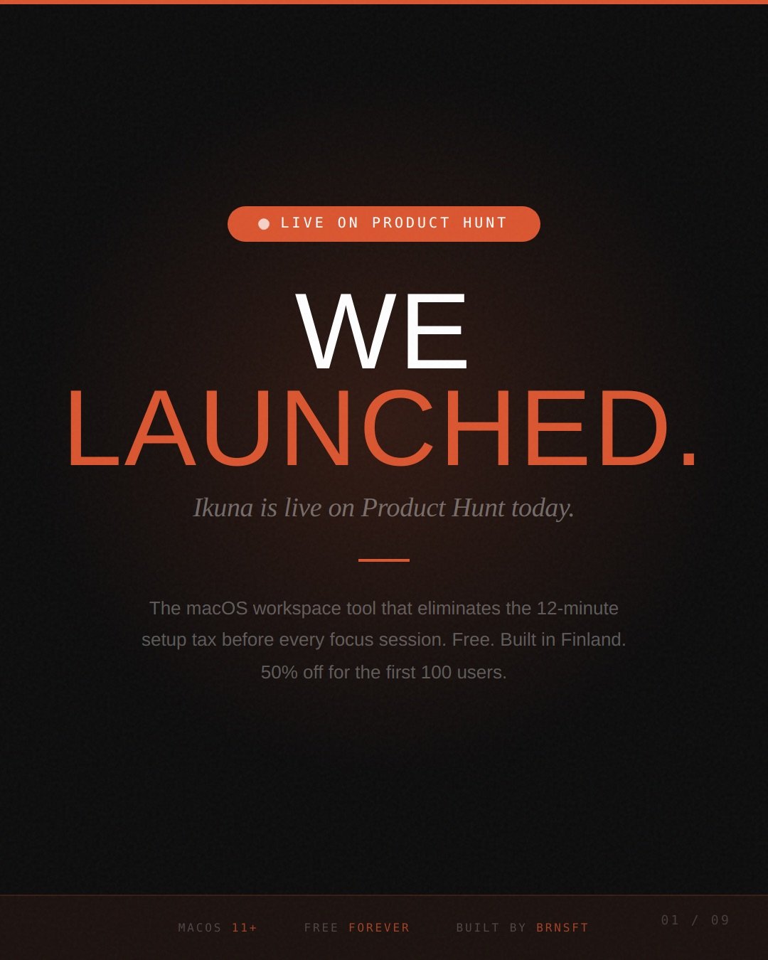 We just launched Ikuna on Product Hunt.

Ikuna helps you switch contexts without rebuilding your whole setup every time. Instead of reopening apps, hunting for tabs, and dragging windows back into place, you save your full workspace and restore it in