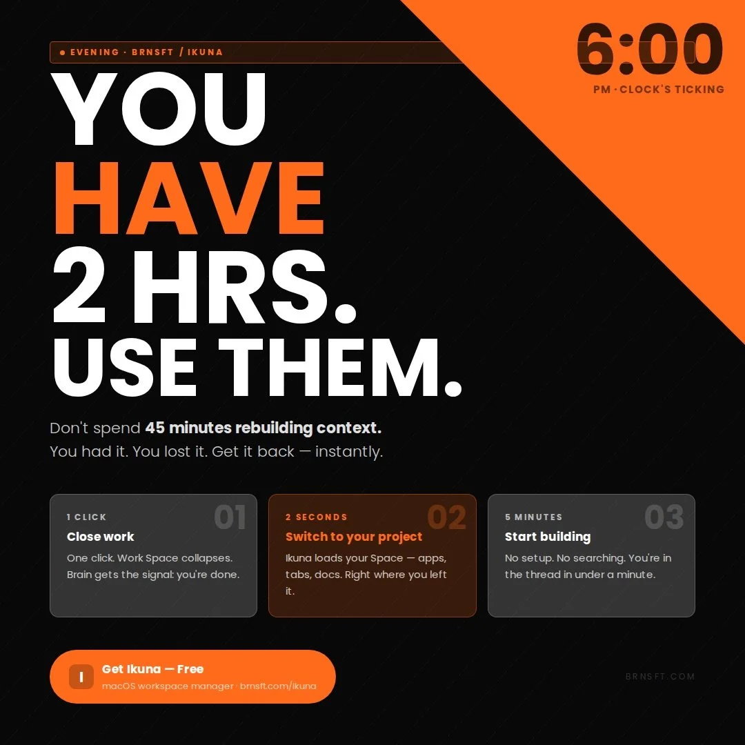 When you finally get a 2-hour block, protect it.

Every time you switch projects, your brain has to rebuild context: what you were doing, why it mattered, where the key tabs were, what came next. That reset costs more than people think.

Do not spend