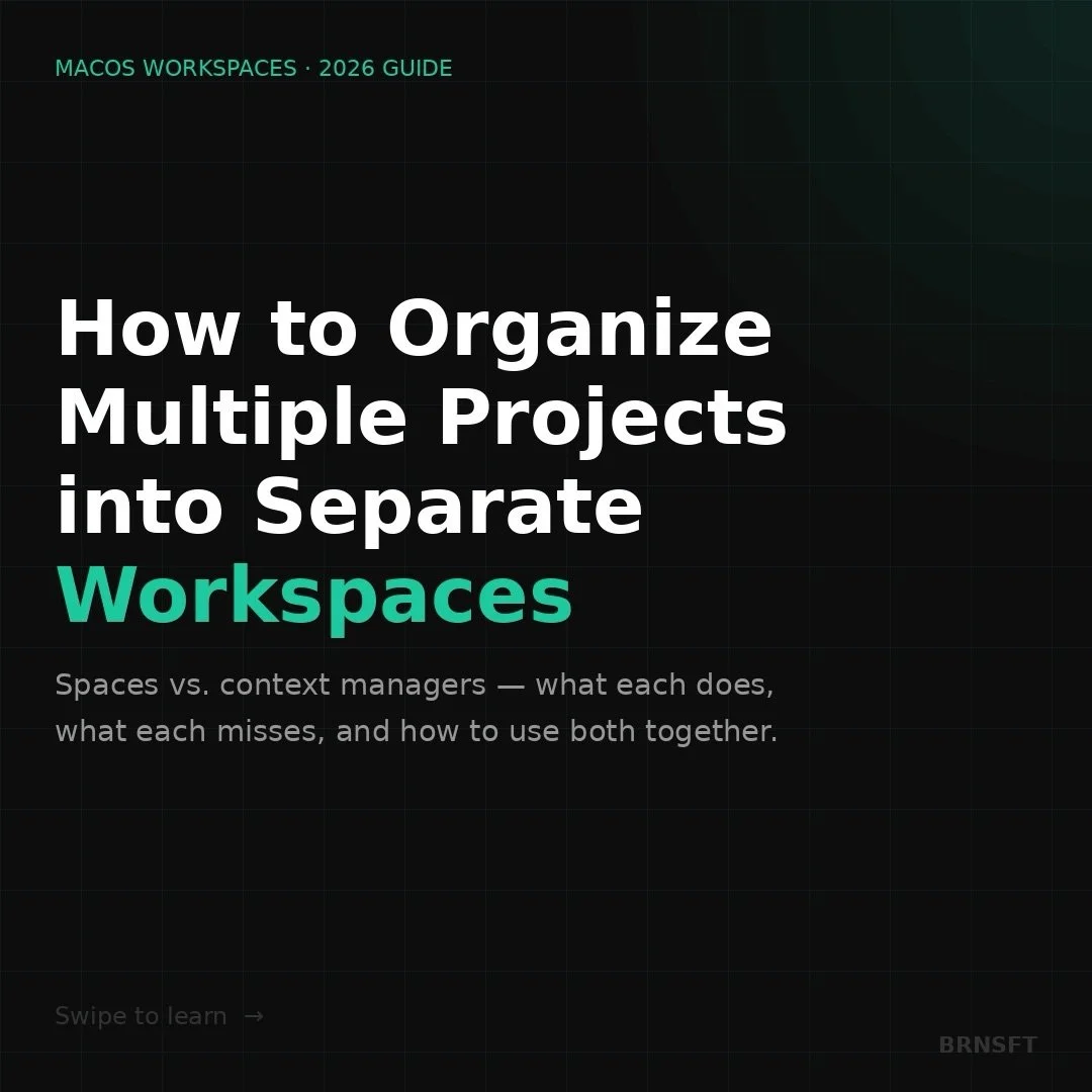 macOS Spaces organize your screen. They don&rsquo;t save it. 🖥️
Every morning you open your Mac and rebuild everything from scratch &mdash; the apps, the tabs, the windows. For every project. Every day.
There&rsquo;s a better way 👇
macOS Spaces are