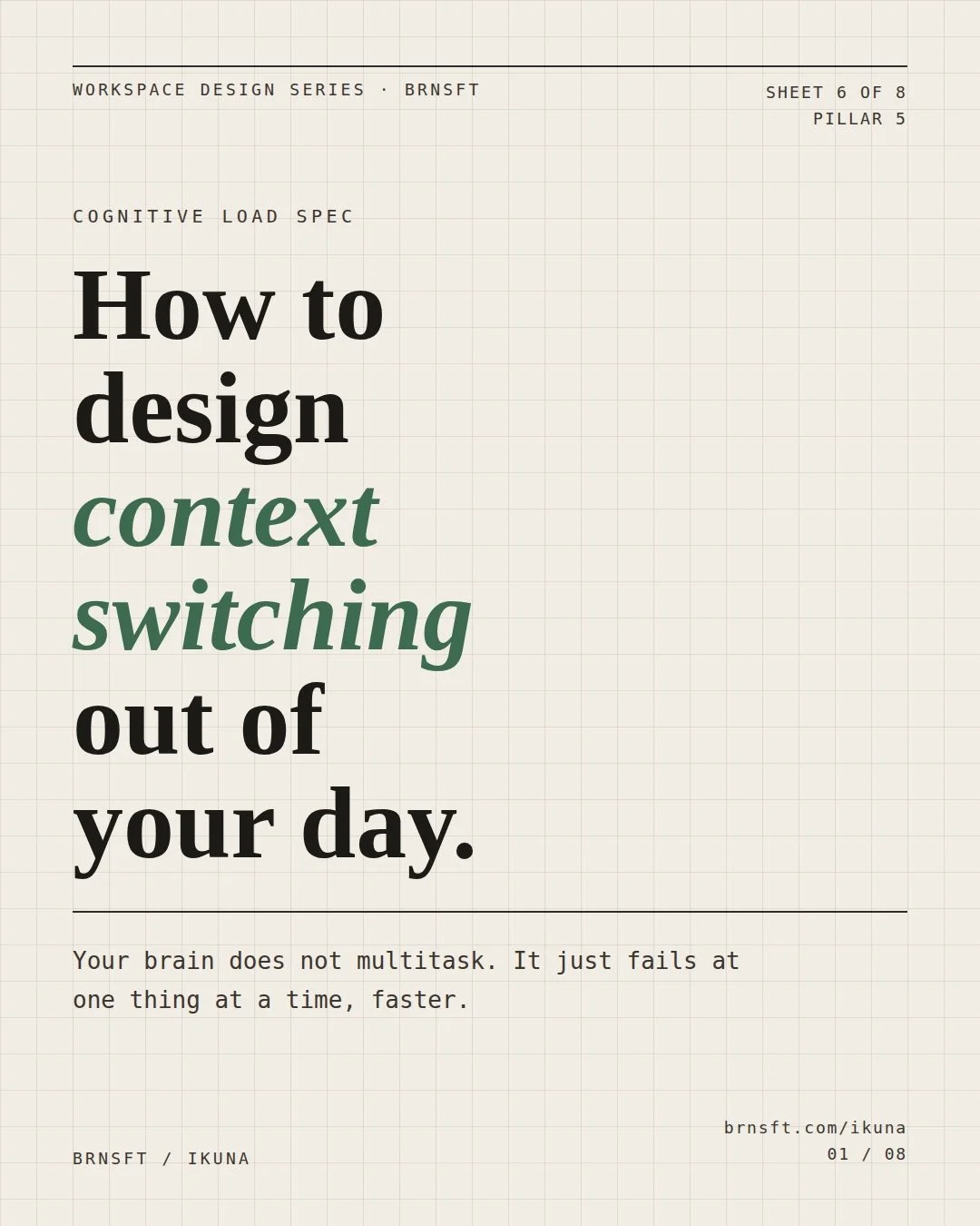 Every time you switch tasks, your brain spends up to 23 minutes reloading the previous context when you come back.
Do that five times a day and you've lost two hours to switching costs before you've done anything difficult. The fix isn't working hard