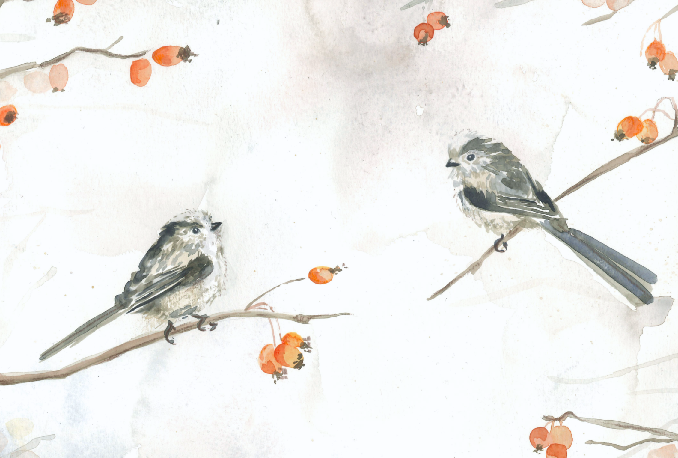 Watercolor painting of two small birds perched on a branch with red berries, with a light background.