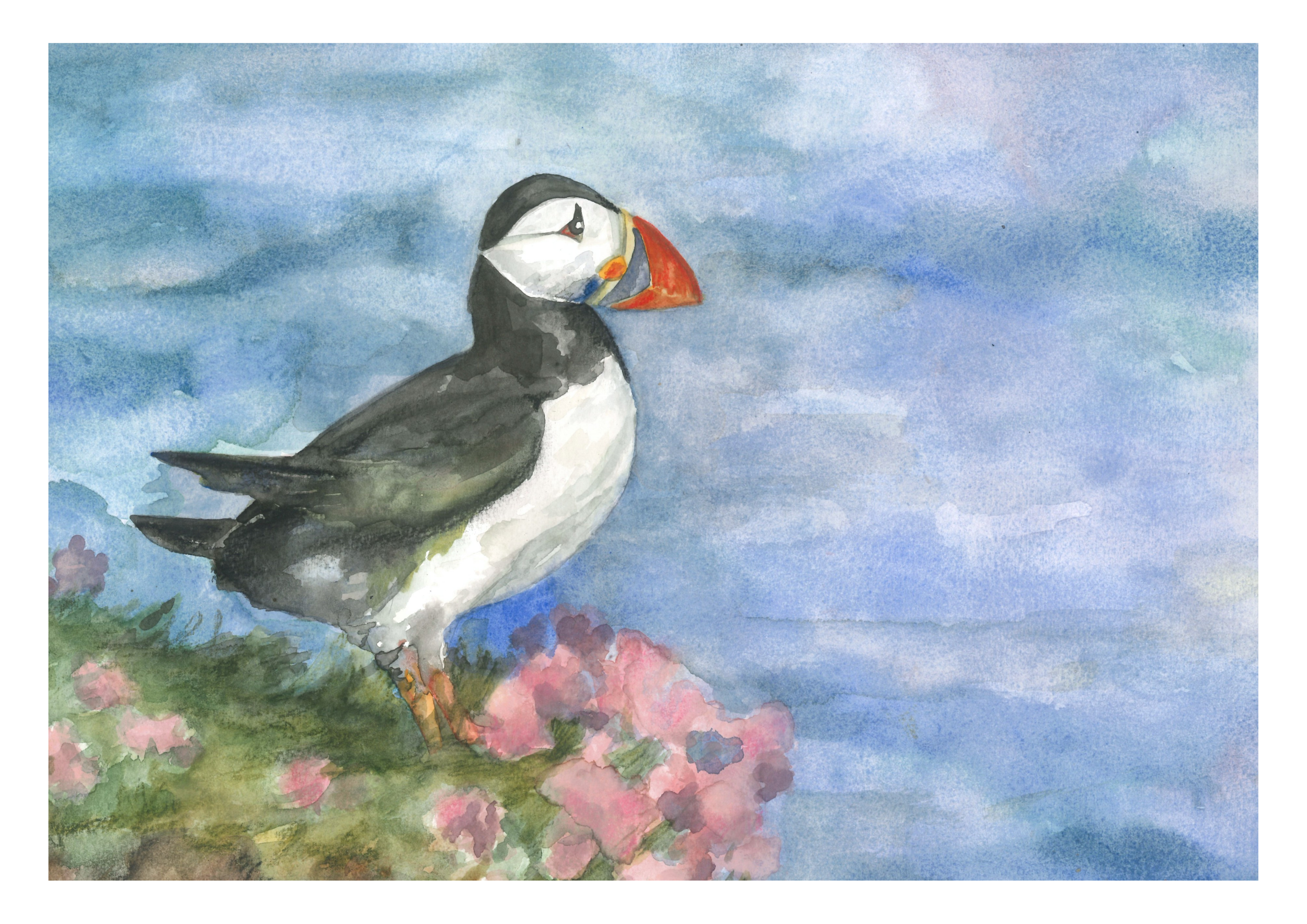 Watercolor painting of a puffin standing on pink flowers and greenery with a cloudy sky in the background.