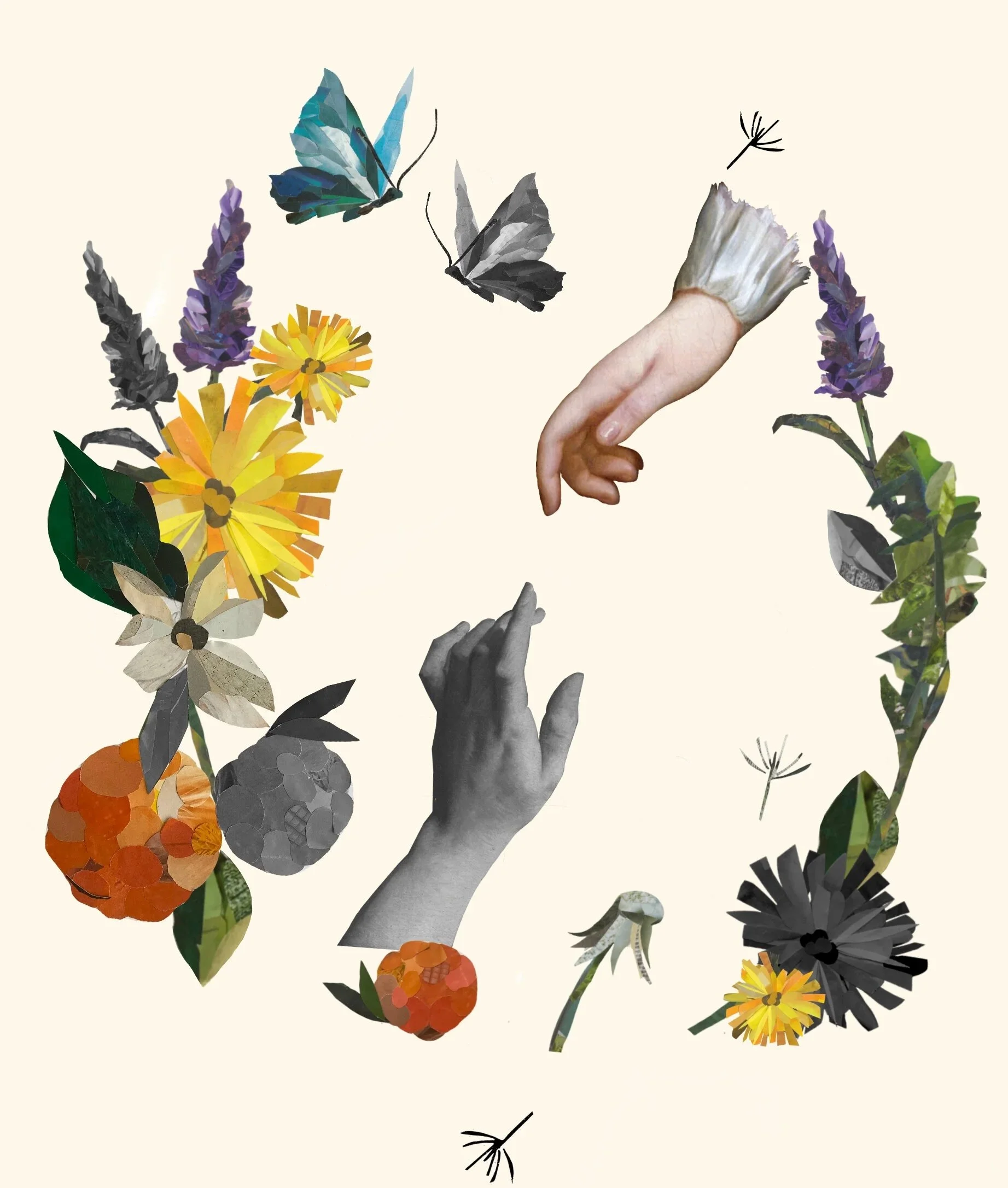 Collage of flowers, butterflies, and human hands with a surreal, artistic style on a light background.