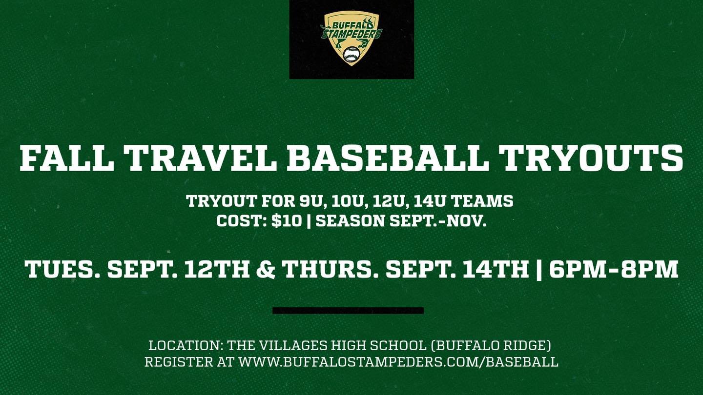 Fall Travel Baseball tryout registration is now open! This year we will have 9u, 10u, 12u, and 14u teams.