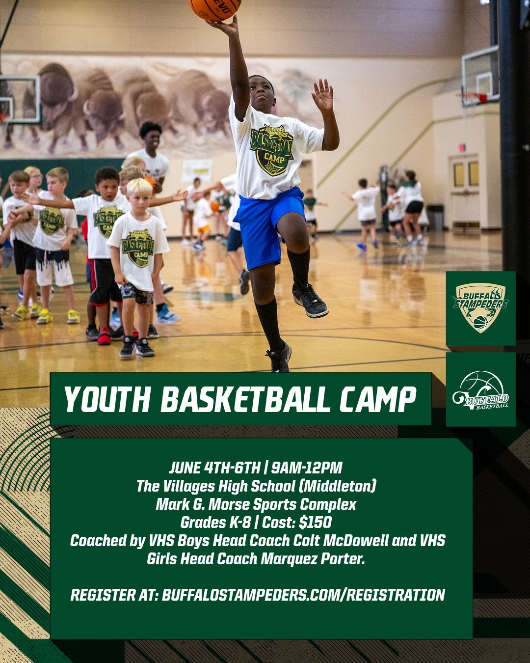 REGISTRATION NOW OPEN! Join the Buffalo Stampeders and VHS Basketball program for our annual Summer Youth Basketball Camp! Participants will be coached by VHS Coaching Staffs and Players.
Register at link in bio!