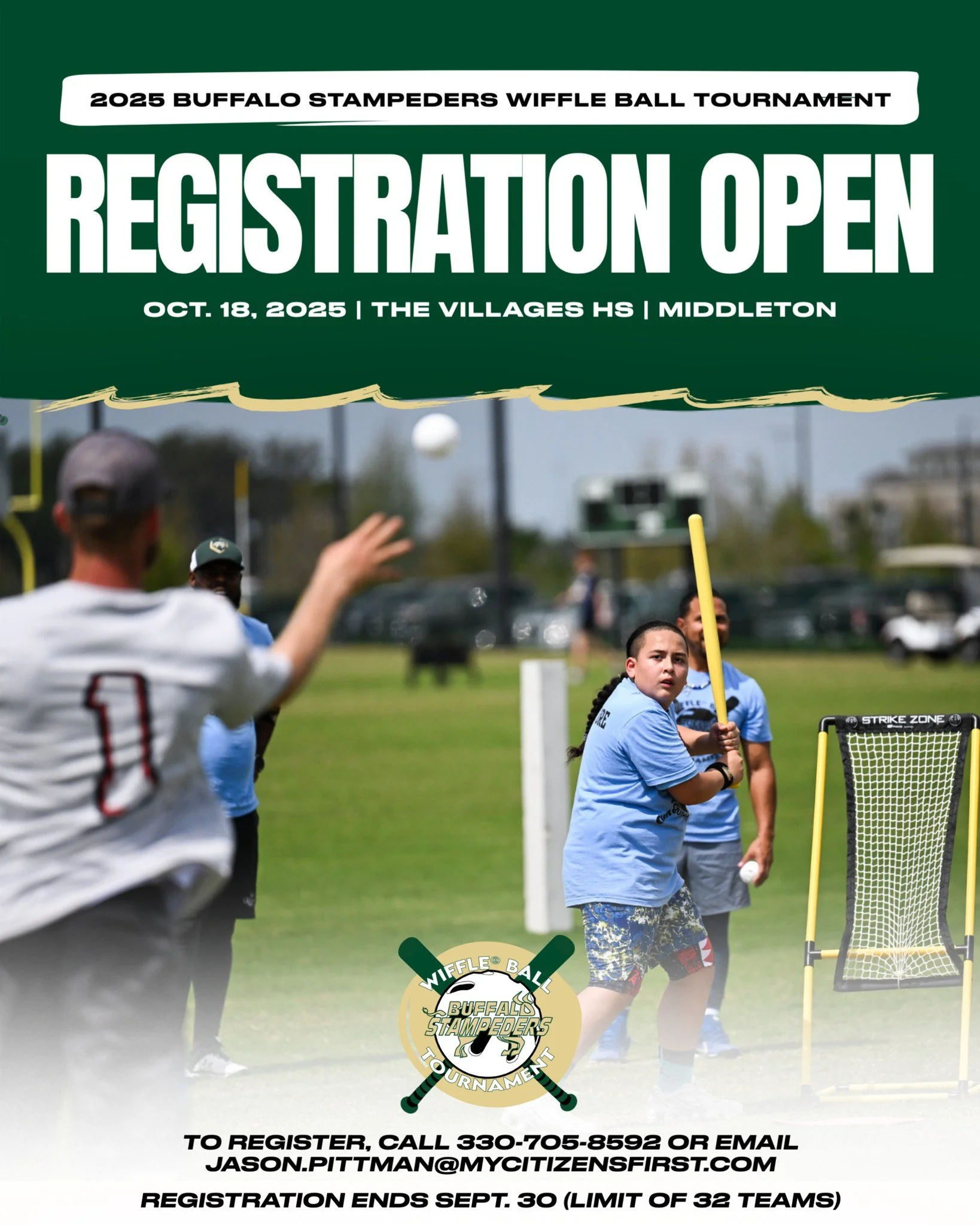 REGISTER NOW: Registration for our fourth annual Buffalo Stampeders Wiffle Ball Tournament closes TOMORROW (Sept. 30). Registration for the 32-team event is FREE. To register your team of five, call 330-705-8592 or email jason.pittman@mycitizensfirst