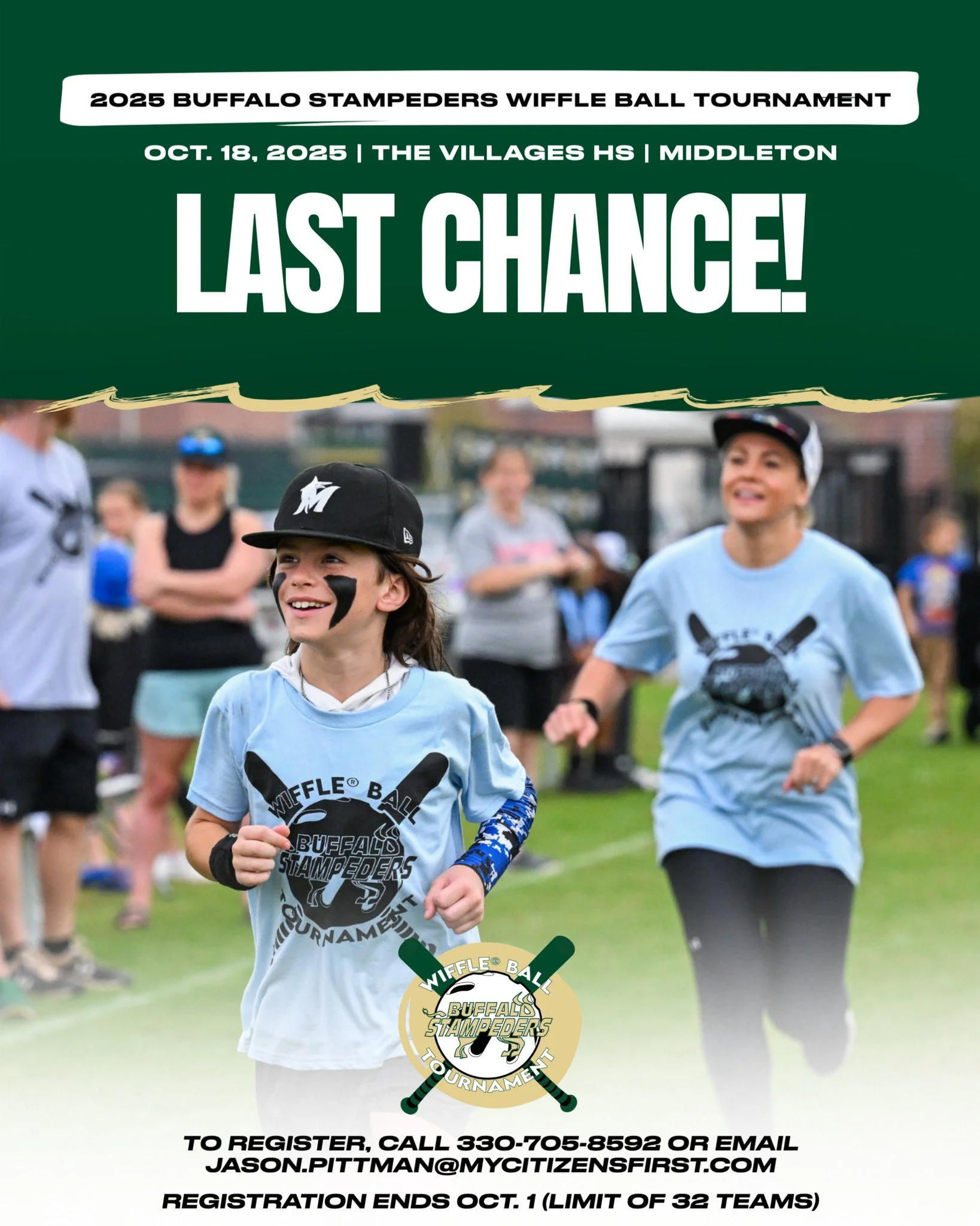 LAST CHANCE: We're giving you one final day to register for our fourth annual Buffalo Stampeders Wiffle Ball Tournament, set to take place Oct. 18 at The Villages High School in Middleton! Registration is FREE and limited to the first 32 teams of fiv