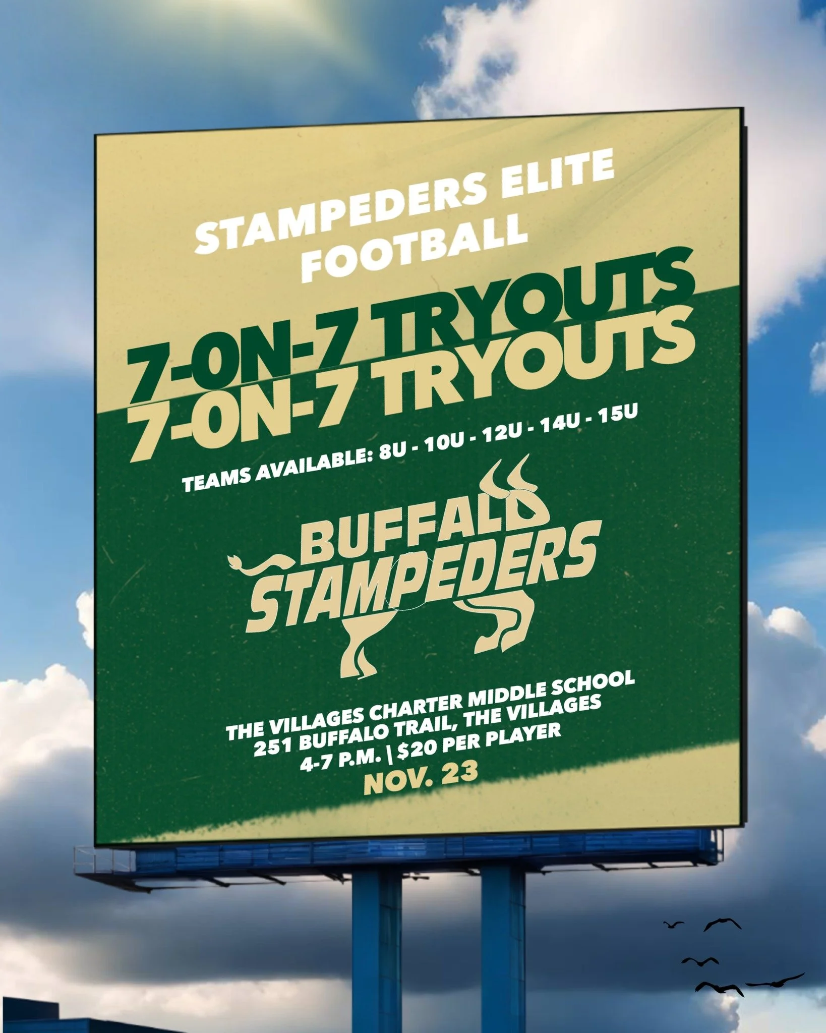 DATE CHANGE: The date for our Buffalo Stampeders Elite 7-on-7 football tryouts has been changed to Sunday, Nov. 23. You can still register today by visiting the FOOTBALL page on our website.