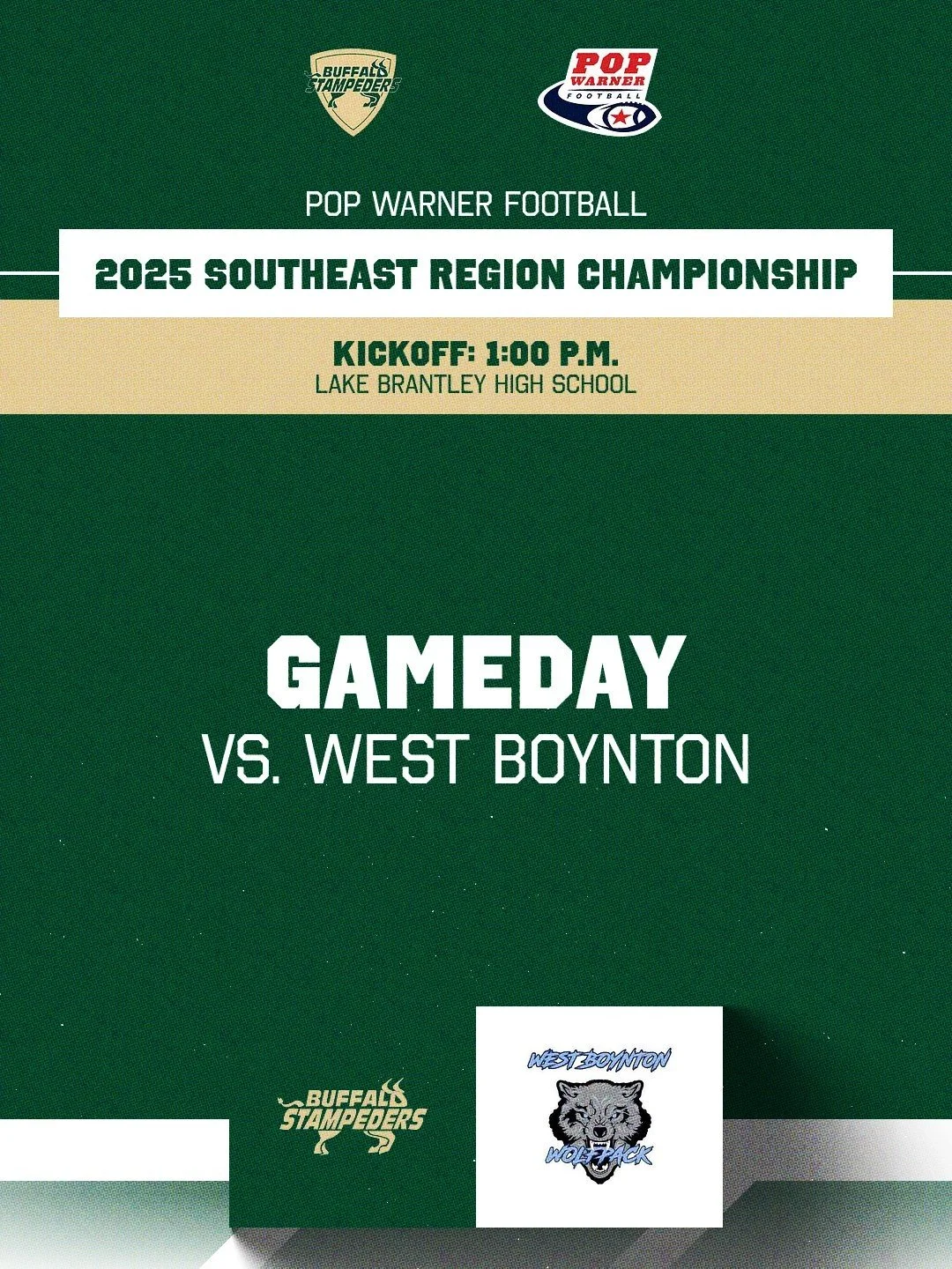 GAMEDAY! The Buffalo Stampeders 9u football team will compete in the Pop Warner Southeast Region Championship today in Orlando!