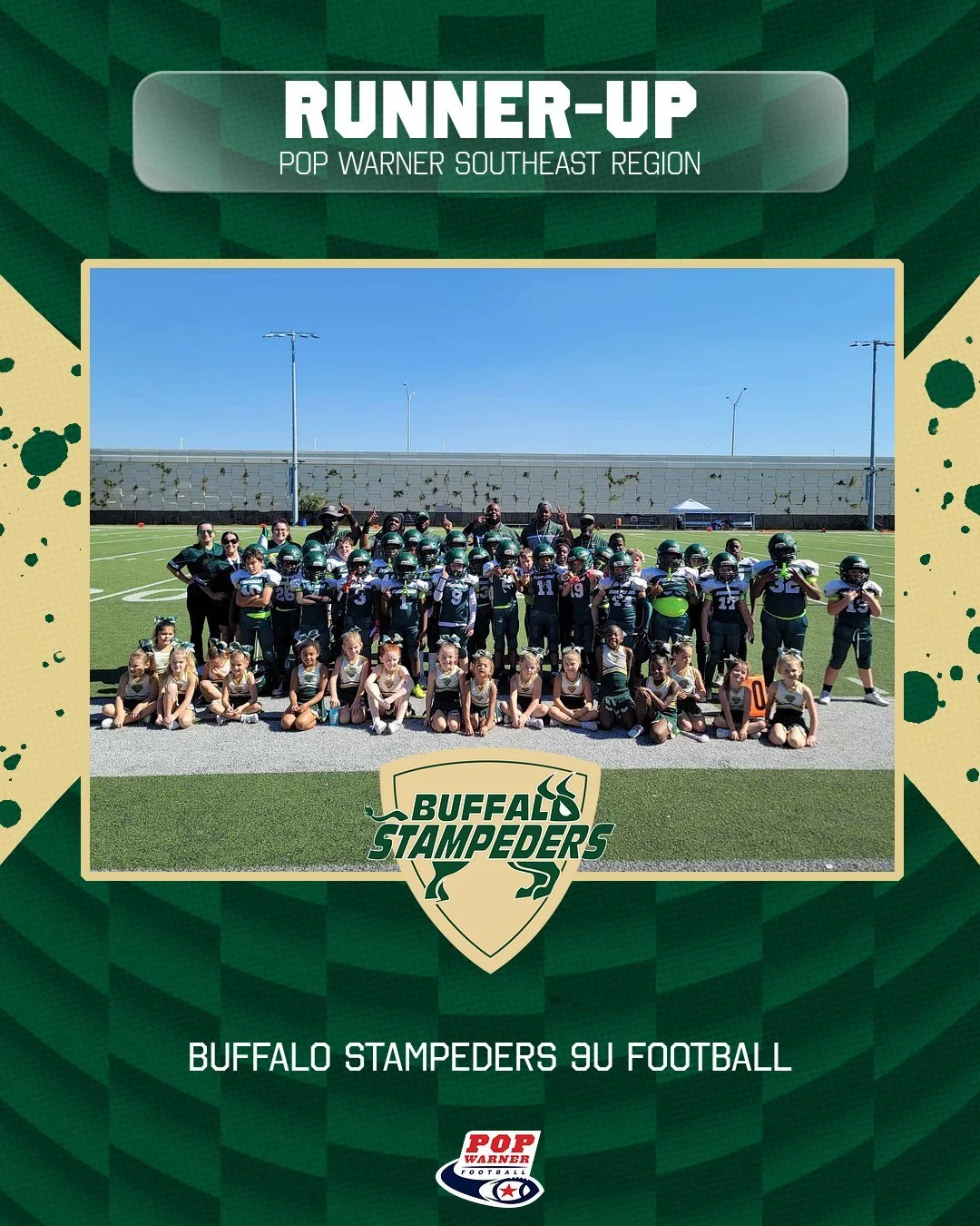 Congratulations to our Buffalo Stampeders 9u football team on a valiant effort in today&rsquo;s Pop Warner Southeast Region Championship and for a spectacular season. Thank you to all the players, coaches and volunteers for their work this season!
