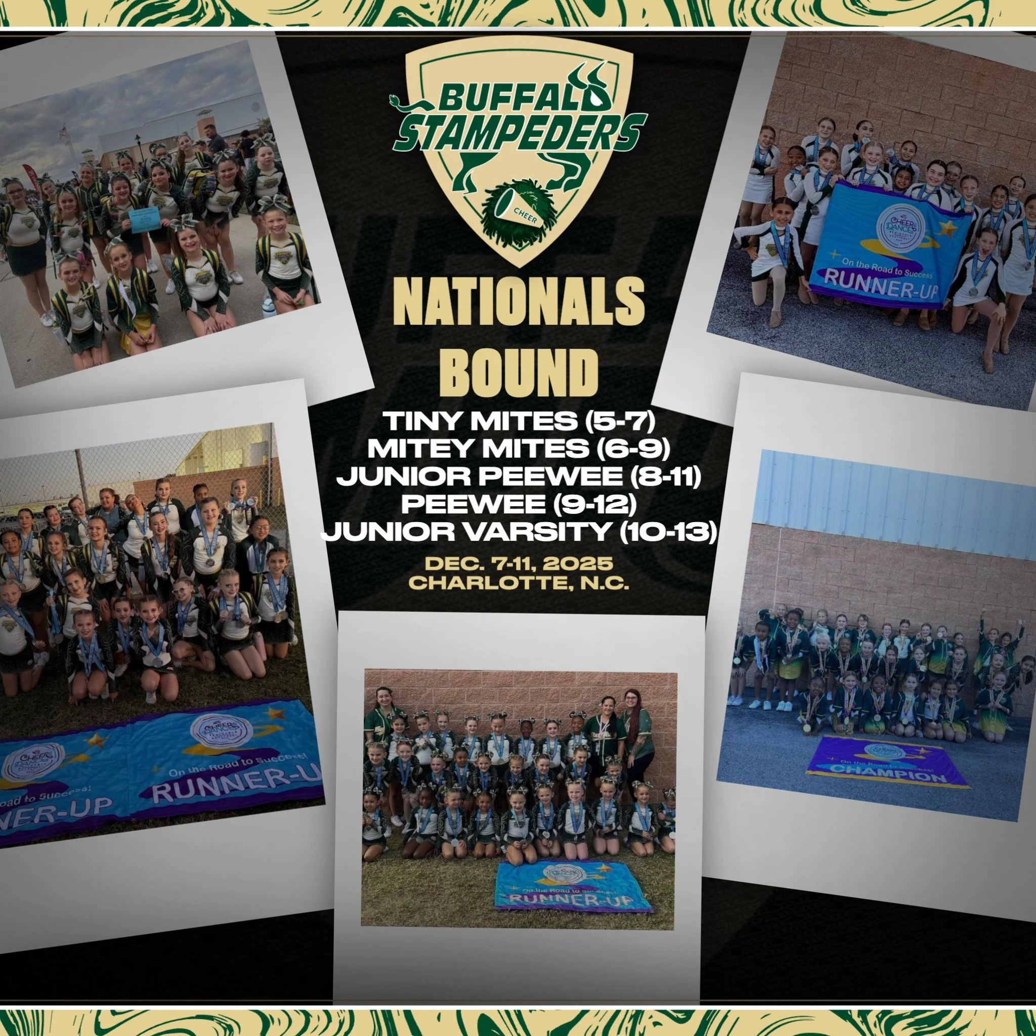 Not one, not two, not three, not four, but five... ALL FIVE... of our Buffalo Stampeders cheer teams are headed to NATIONALS! Congratulations to each athlete, coach, parent and volunteer involved with the program and we'll see you in Charlotte!