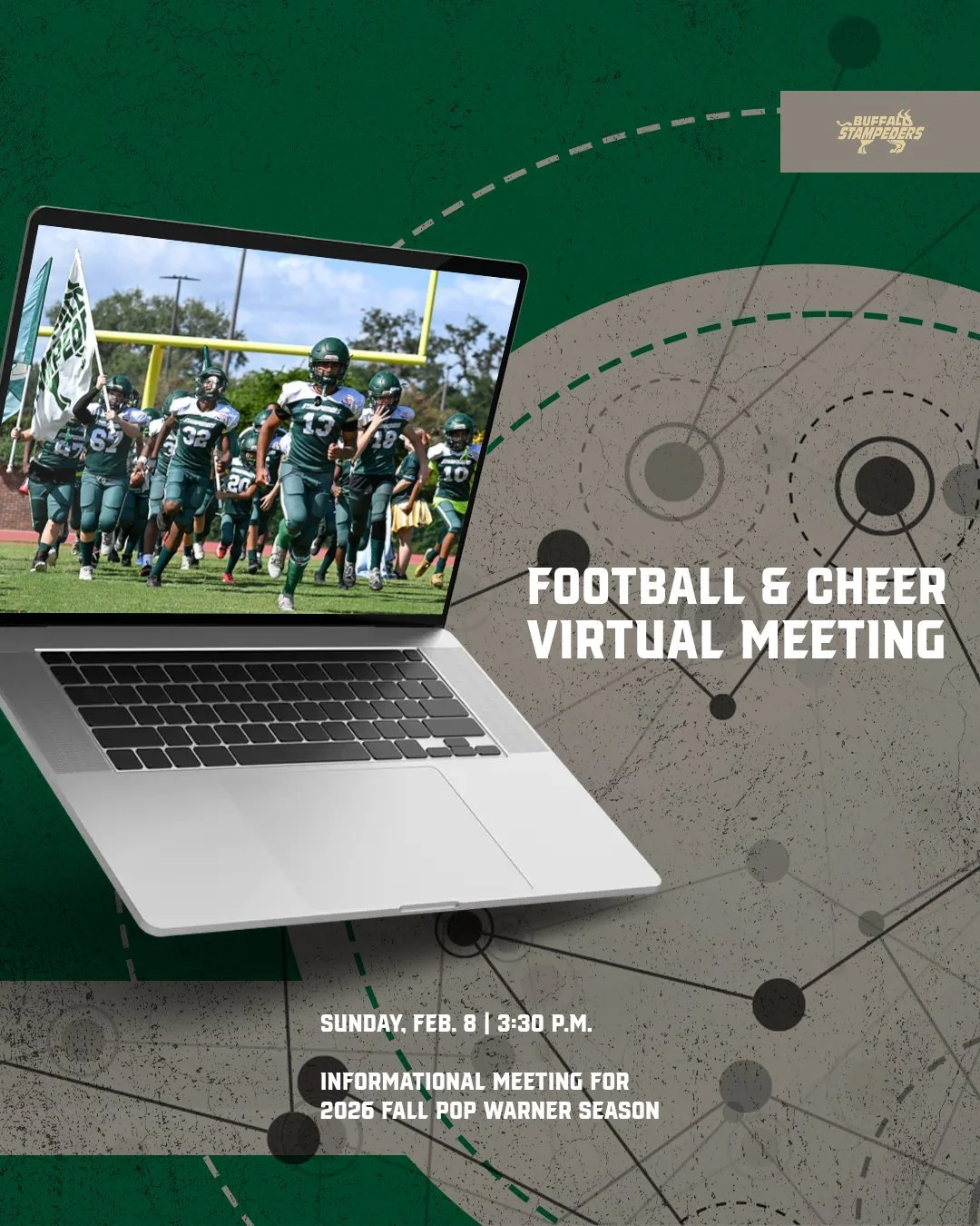 REMINDER: We will host a virtual meeting today for those interested in Buffalo Stampeders football and cheer. Visit our website and click on the FOOTBALL or CHEER pages to attend!