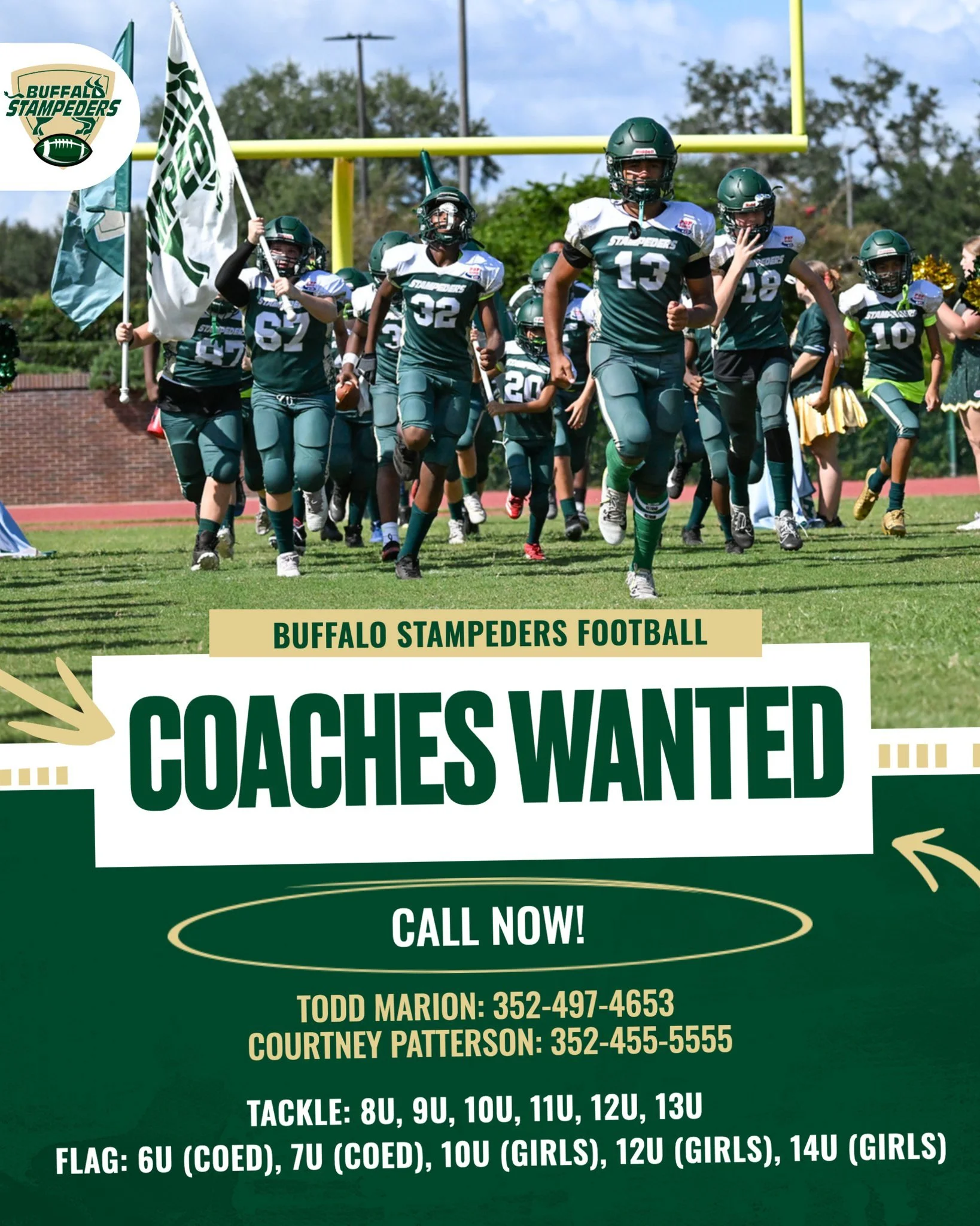 Coaches are needed for our upcoming 2026 @midfloridapopwarner football season for all ages. See the flyer below for details.