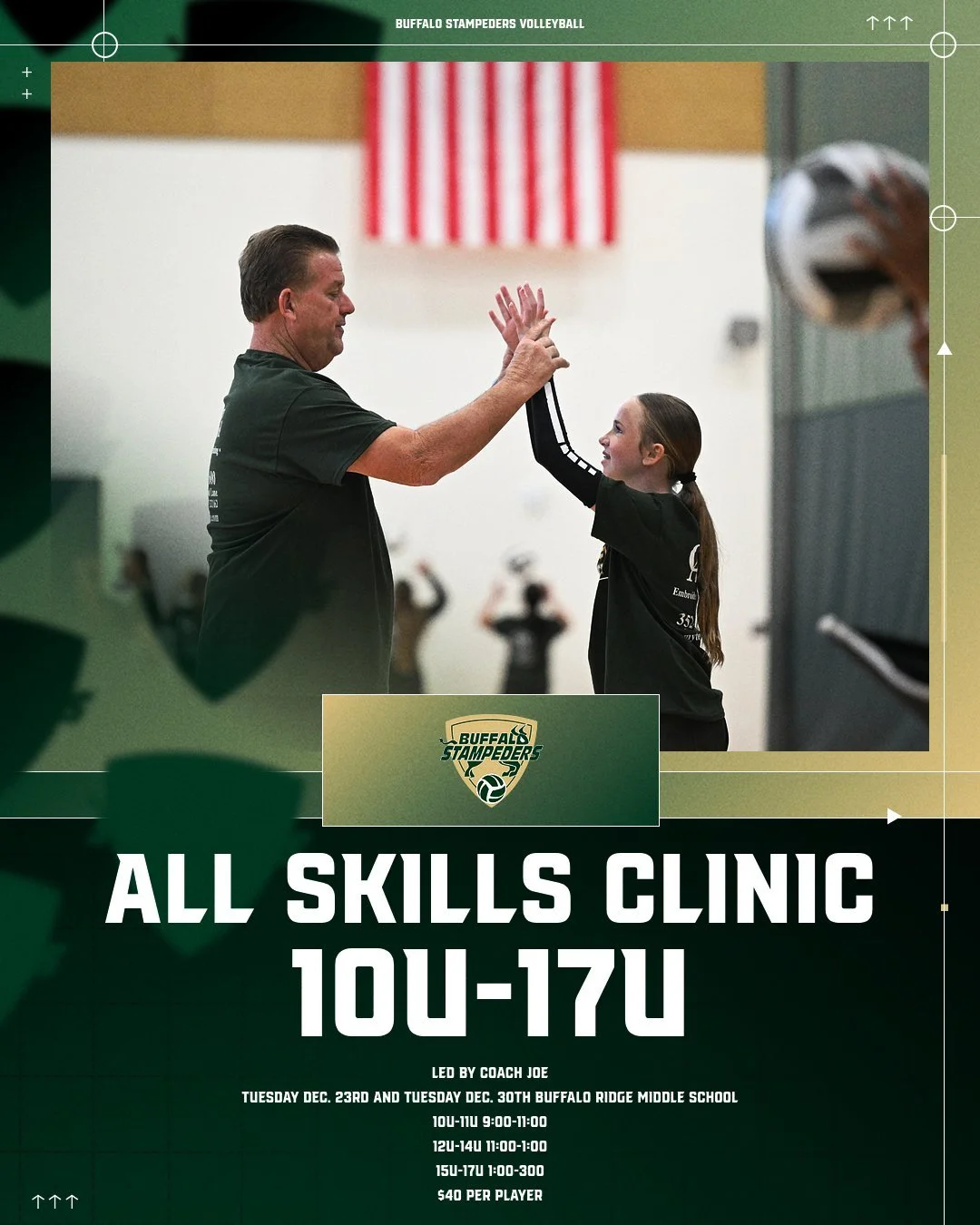 There's still time to register for our All Skills Clinics, hosted by Buffalo Stampeders Volleyball, scheduled for Dec. 23 and Dec. 30 at The Villages Charter Middle School (Buffalo Ridge campus). The clinics are open to ages 10u-17u. For more informa