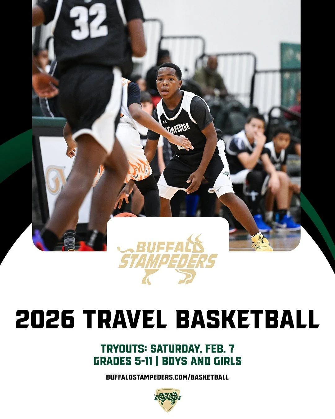 There's still time to register for our 2026 Buffalo Stampeders travel basketball program! Our tryouts will be held this Saturday in Middleton. For more information or to register, visit the BASKETBALL page on our website today!