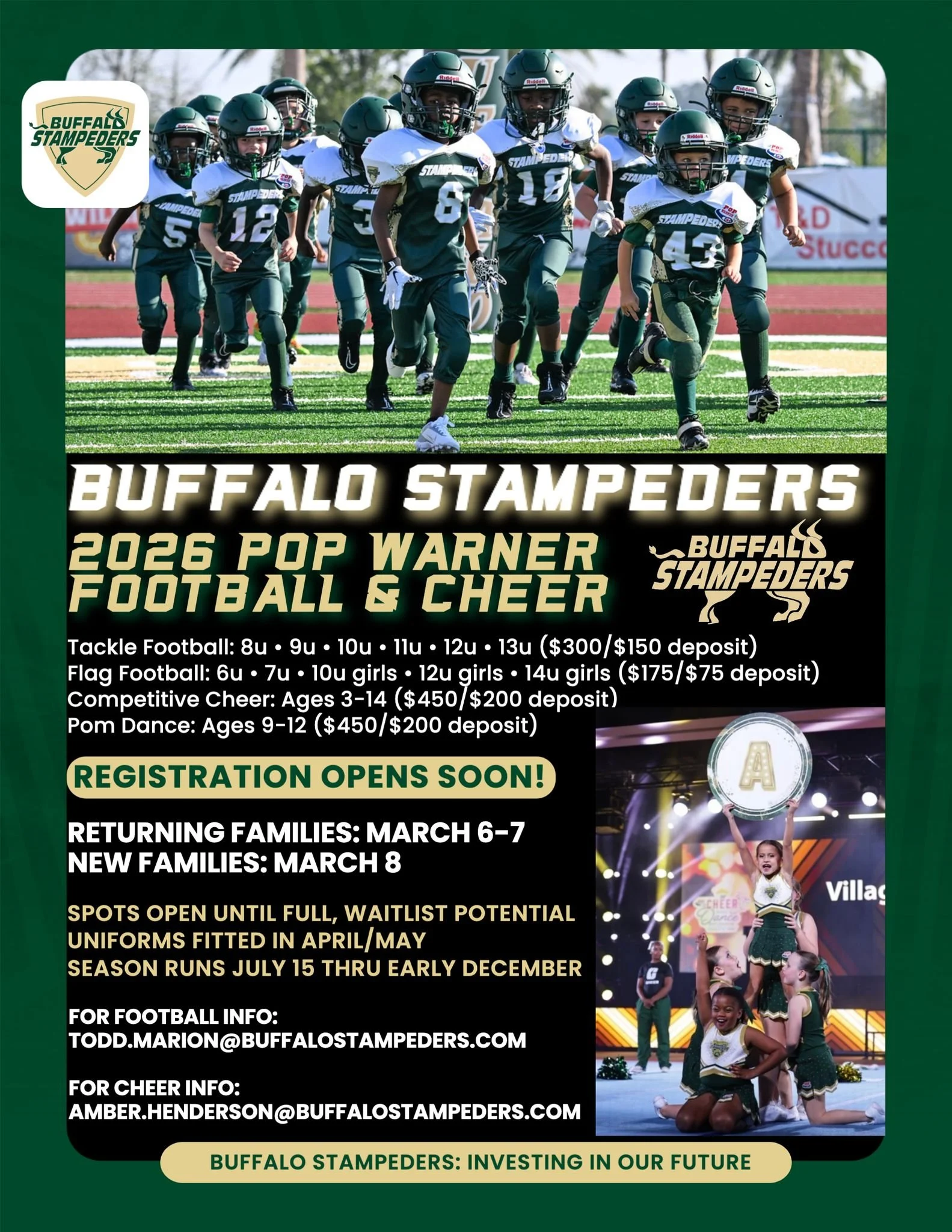 COMING SOON: Stay tuned for information on upcoming registrations available for our 2026 Buffalo Stampeders @midfloridapopwarner football and cheer programs! Registration will open March 6 for returning families and open to all new families on March 