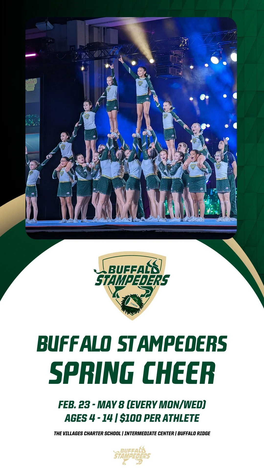 Get ready to spring ahead with Buffalo Stampeders Cheer! Our 2026 spring season will kick off next month with hands-on instruction and technique work for ages 4-14. For more information or to register, visit the CHEER page on our website today!