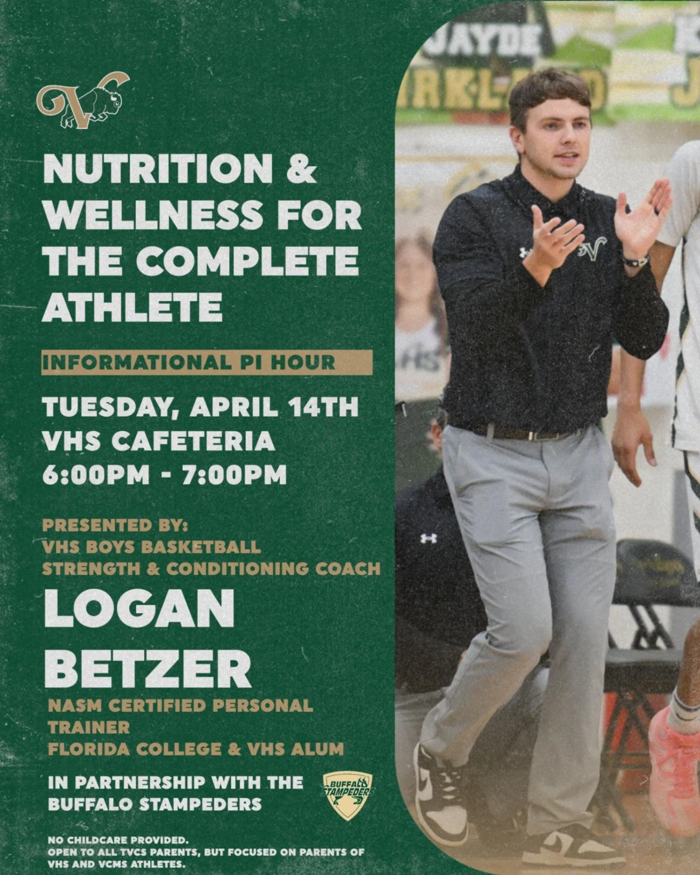 A new series of informational meetings kicks off tomorrow with VHS Basketball Strength &amp; Conditioning Coach Logan Betzer sharing information on athlete nutrition and wellness. Open to all TVCS and Stampeders parents. TVCS Parents can earn 1 Infor