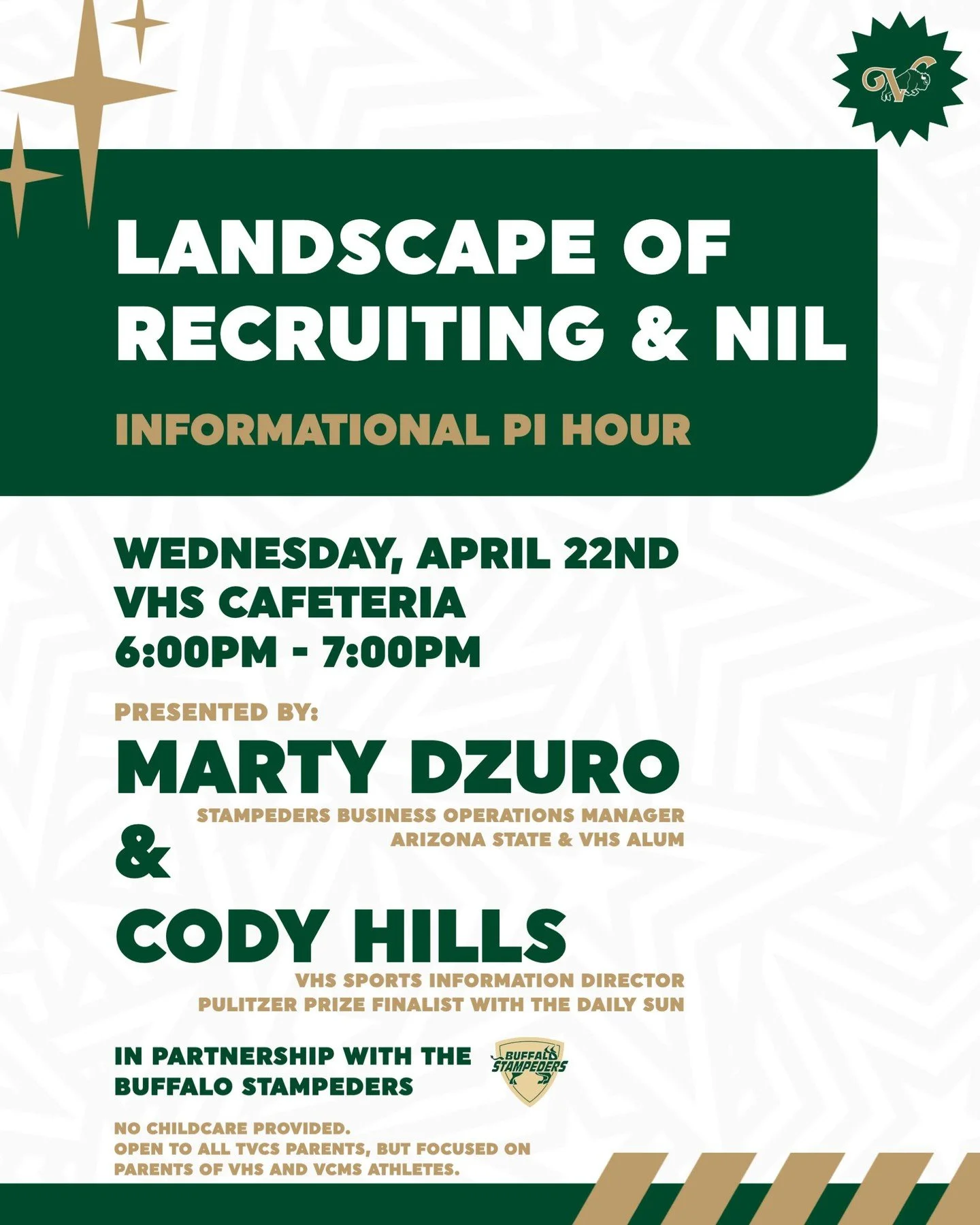 After a successful first informational meeting, VHS Athletics and Buffalo Stampeders are excited to offer a second meeting next week! Open to all TVCS and Stampeders Parents. TVCS Parents can earn 1 Informational PI hour.
