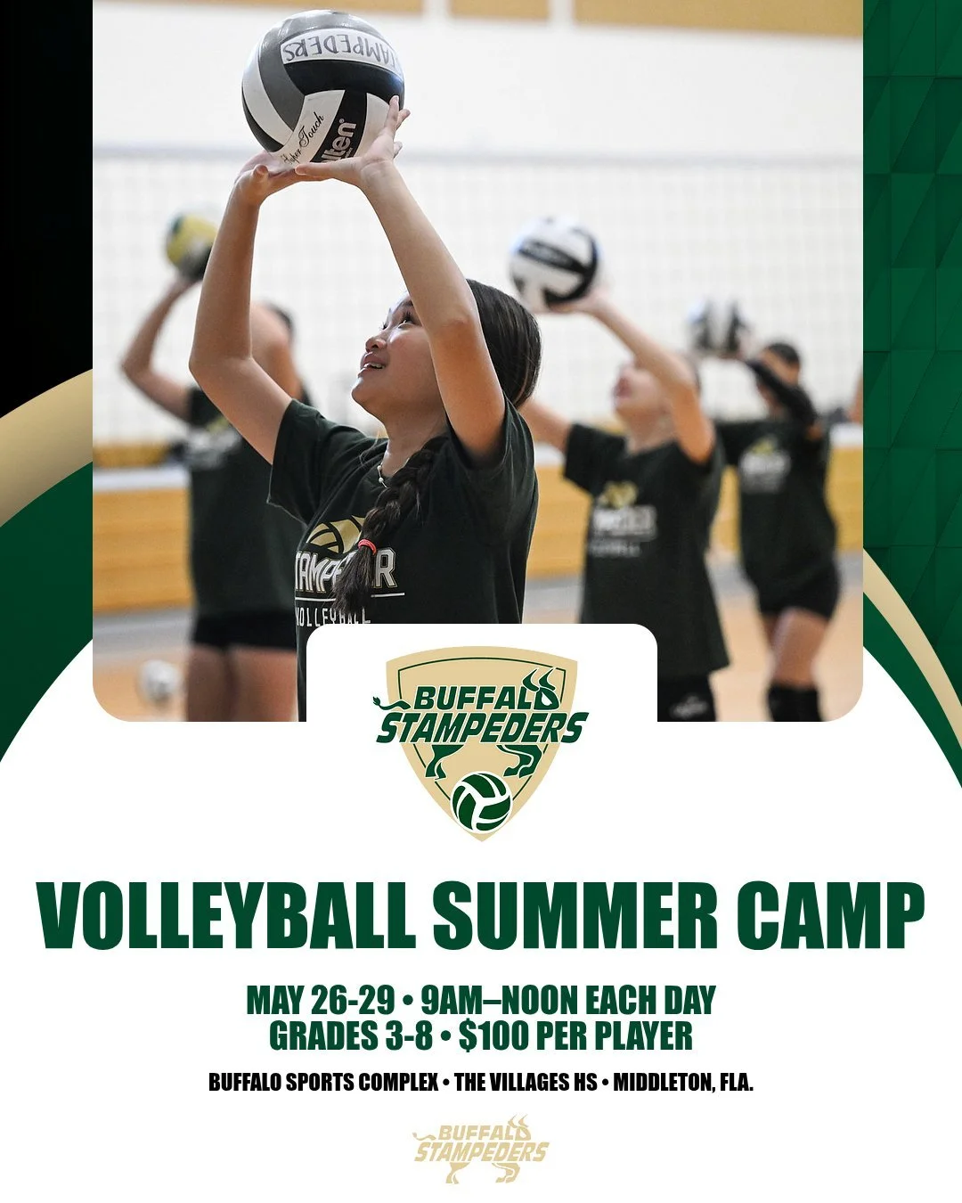 Space is still available for our Buffalo Stampeders Volleyball Summer Camp, scheduled for May 26-29, at The Villages High School in Middleton. For more info or to register, visit the VOLLEYBALL page on our website today!