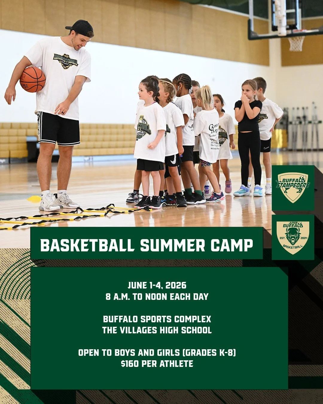 Space is still available for our 2026 Buffalo Stampeders Basketball Summer Camp! This four-day camp is open to boys and girls, grades K-8, regardless of school or previous playing experience. Sign up by visiting the BASKETBALL page on our website tod