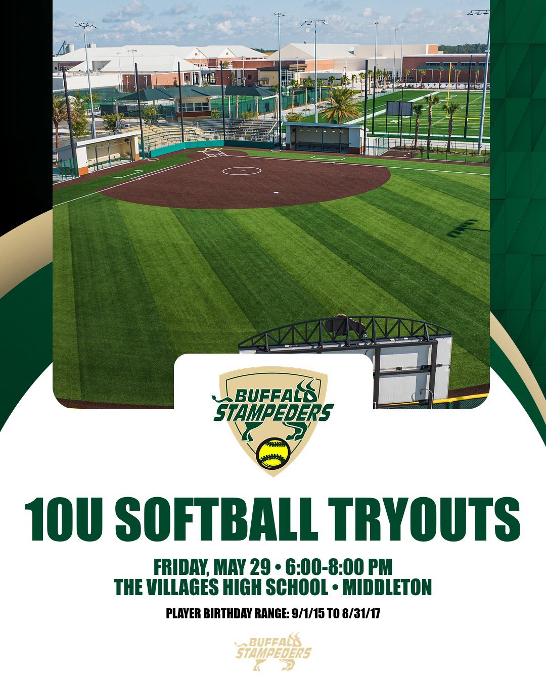 The Buffalo Stampeders softball program is proud to announce a 10u softball team, open to athletes of any school with birthdays ranging from 9/1/15 to 8/31/17, with a FREE tryout session taking place May 29 at The Villages High School in Middleton. T