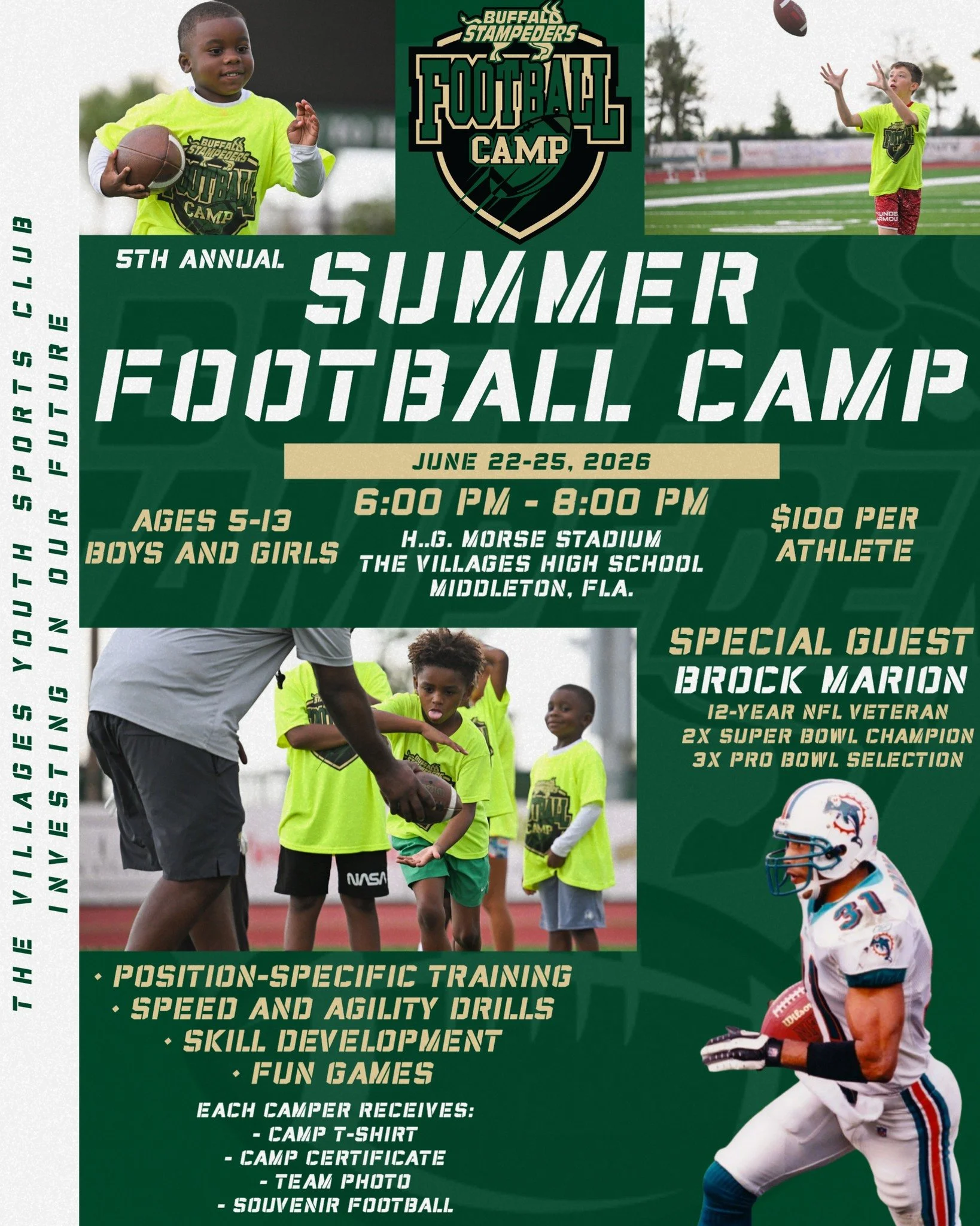 Space is still available for our 5th annual Buffalo Stampeders Summer Football Camp! This family-friendly event from June 22-25 at The Villages High School in Middleton will include position-specific training, skills and drills, and a whole lot of fu