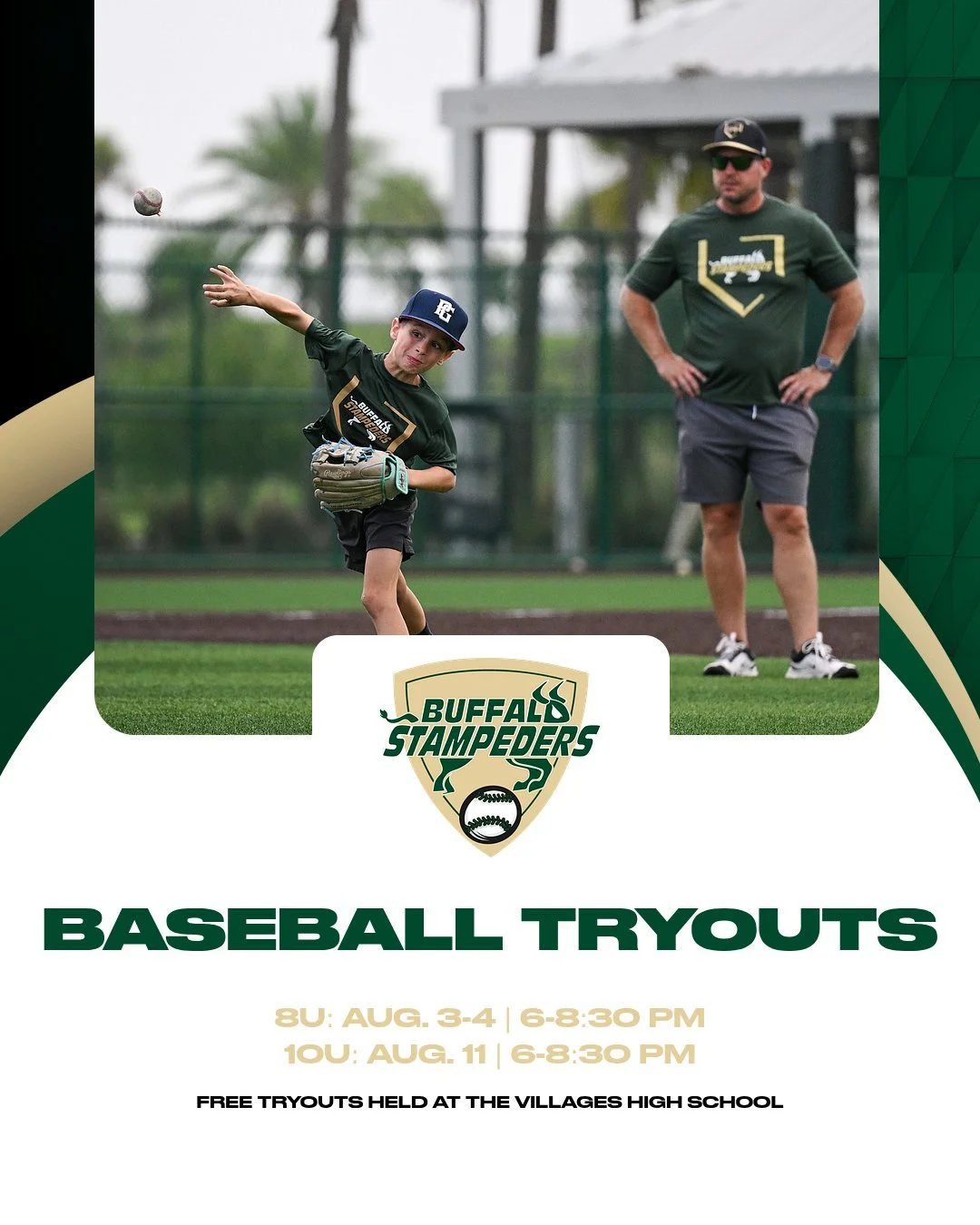 The Buffalo Stampeders are proud to host a pair of FREE baseball tryouts at The Villages High School in Middleton. Our 8u team tryouts will be held Aug. 3-4 and our 10u team tryouts will take place Aug. 11, with both tryouts taking place from 6-8:30 