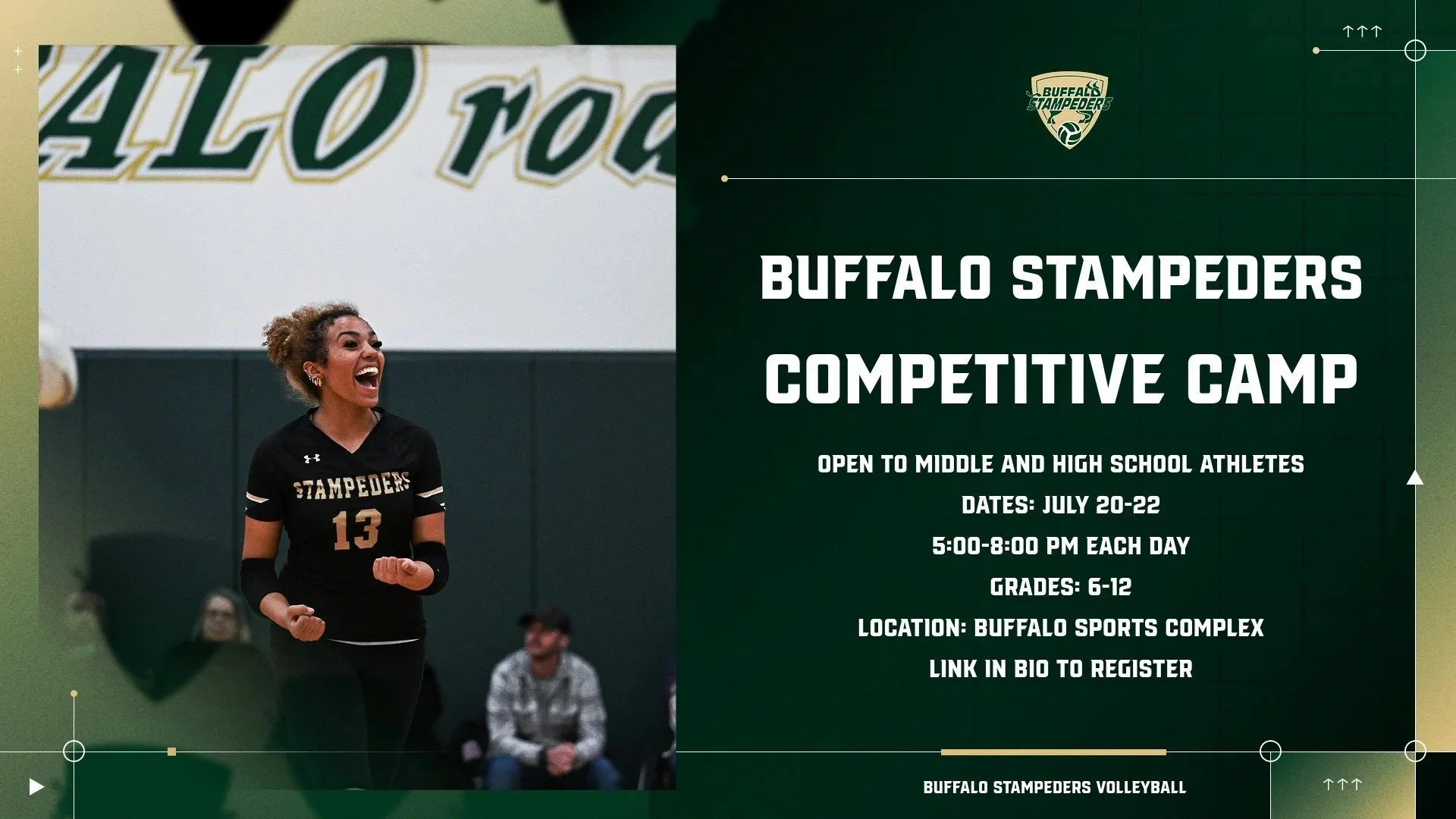 IT'S NOT TOO LATE: Space is still available for our Buffalo Stampeders Volleyball Competitive Camp, open to middle school and high school athletes, regardless of school or club. This three-night event, which starts this evening, will help hone your s