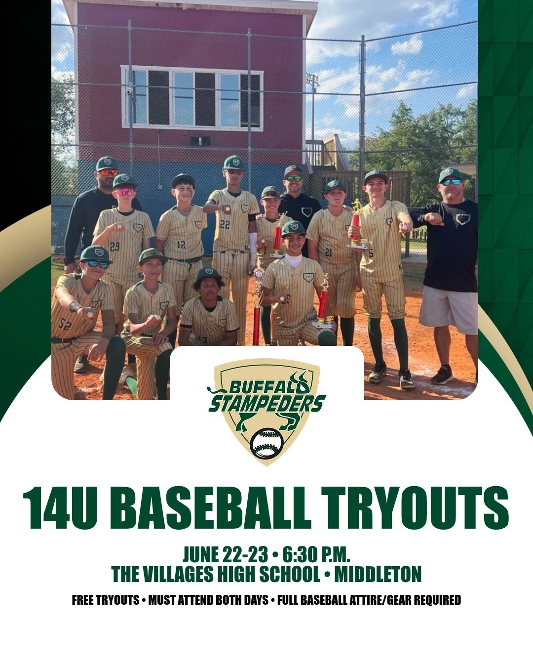 REMINDER: Our Buffalo Stampeders baseball program will host 14u fall team tryouts next Monday and Tuesday (June 22-23) at The Villages High School in Middleton. This is open to all athletes, regardless of school or prior team participation. To regist