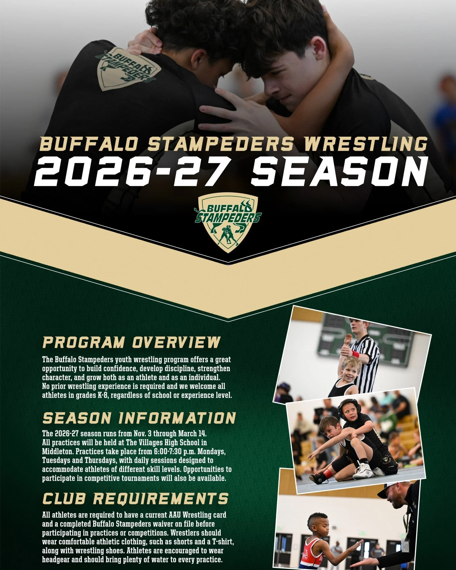 REGISTRATION NOW AVAILABLE: The Buffalo Stampeders wrestling program is now hosting registration for its 2026-27 club season. Open to athletes in grades K-8, regardless of school or previous experience, the season opens Nov. 3 and runs through mid-Ma
